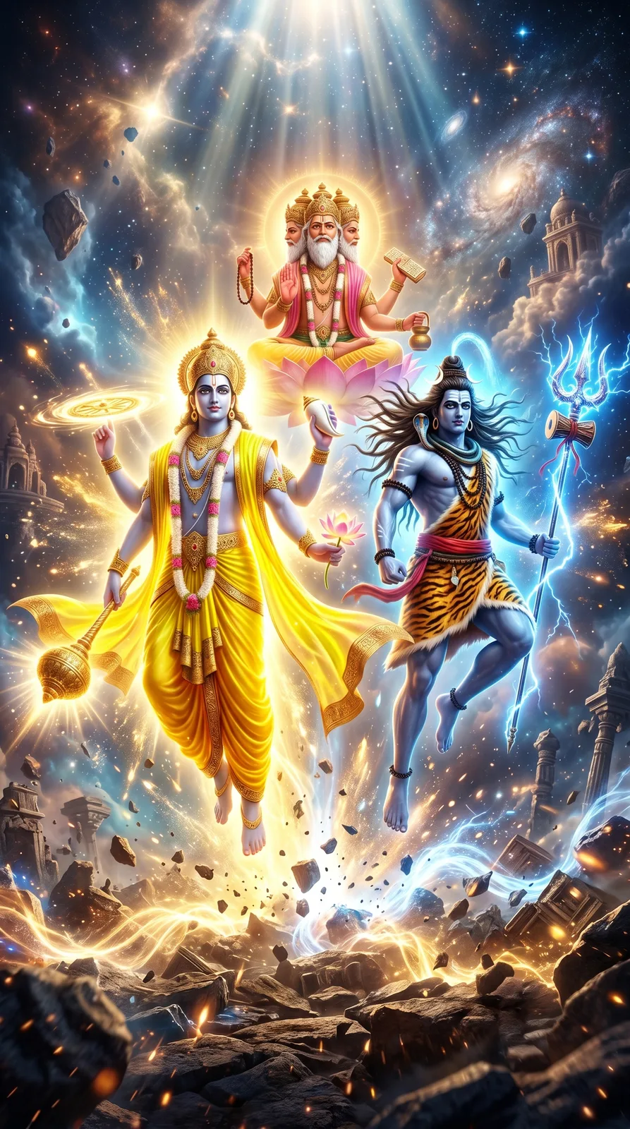 Vishnu Shiva and Brahma descending from heavens with radiant divine energy