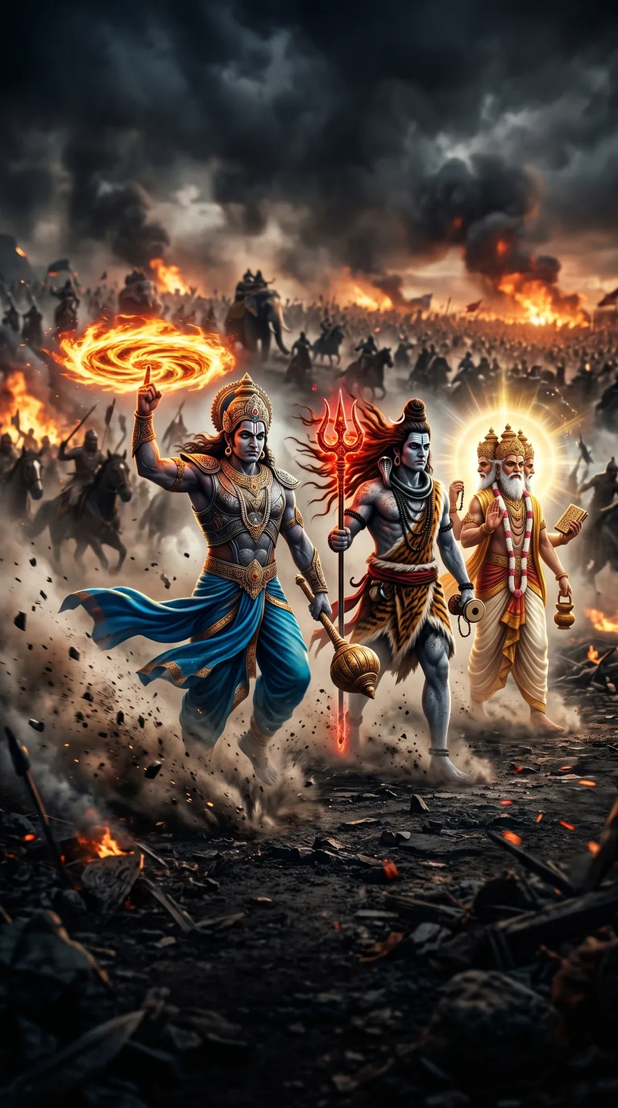 Vishnu Shiva and Brahma walking through epic battlefield with celestial power