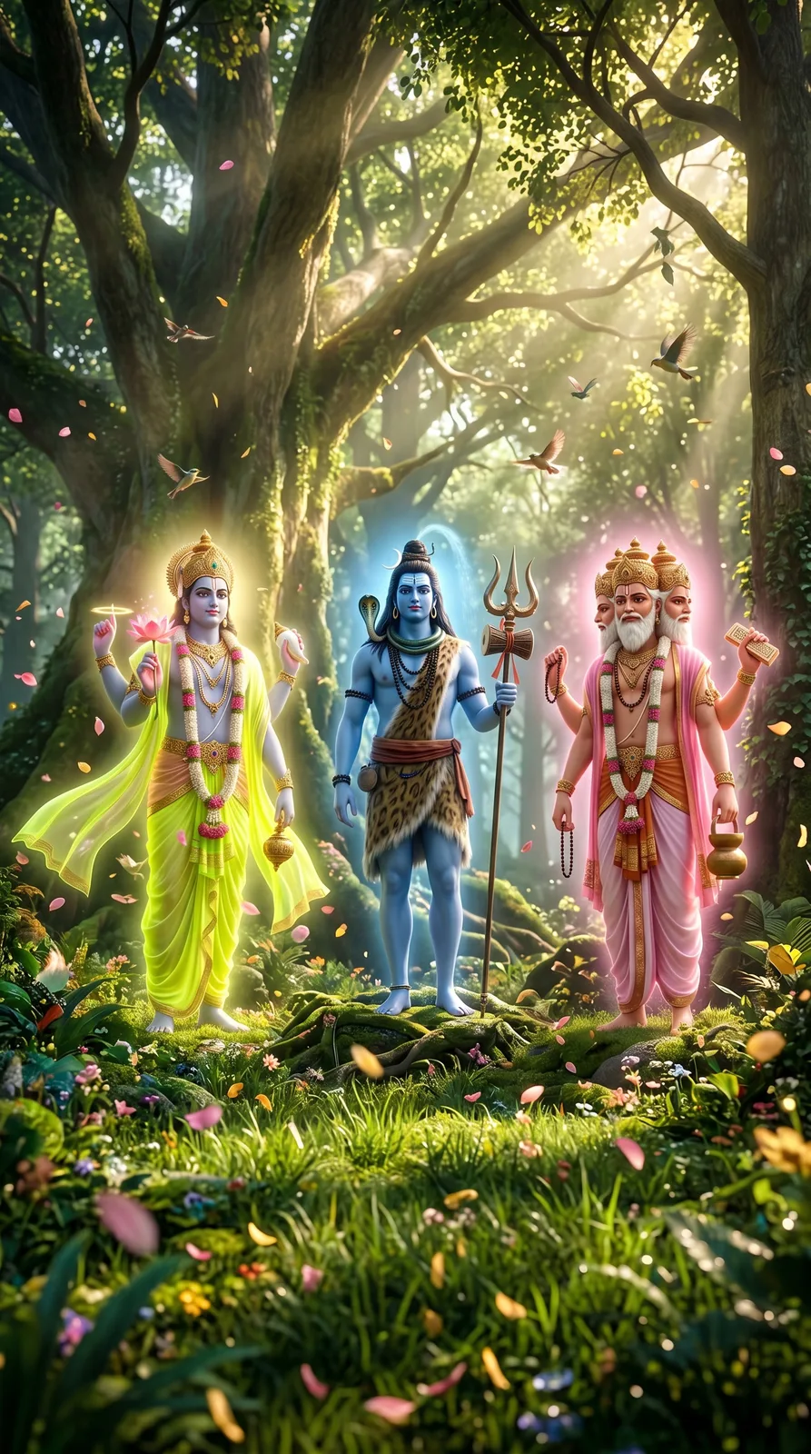 Tridev standing peacefully in lush sacred forest with sunlight and flowers