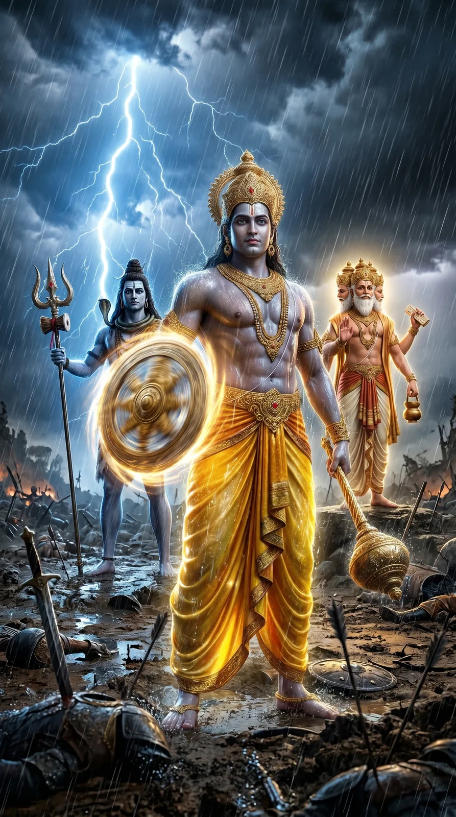 Lord Vishnu holding Sudarshan Chakra on battlefield with Shiva and Brahma behind