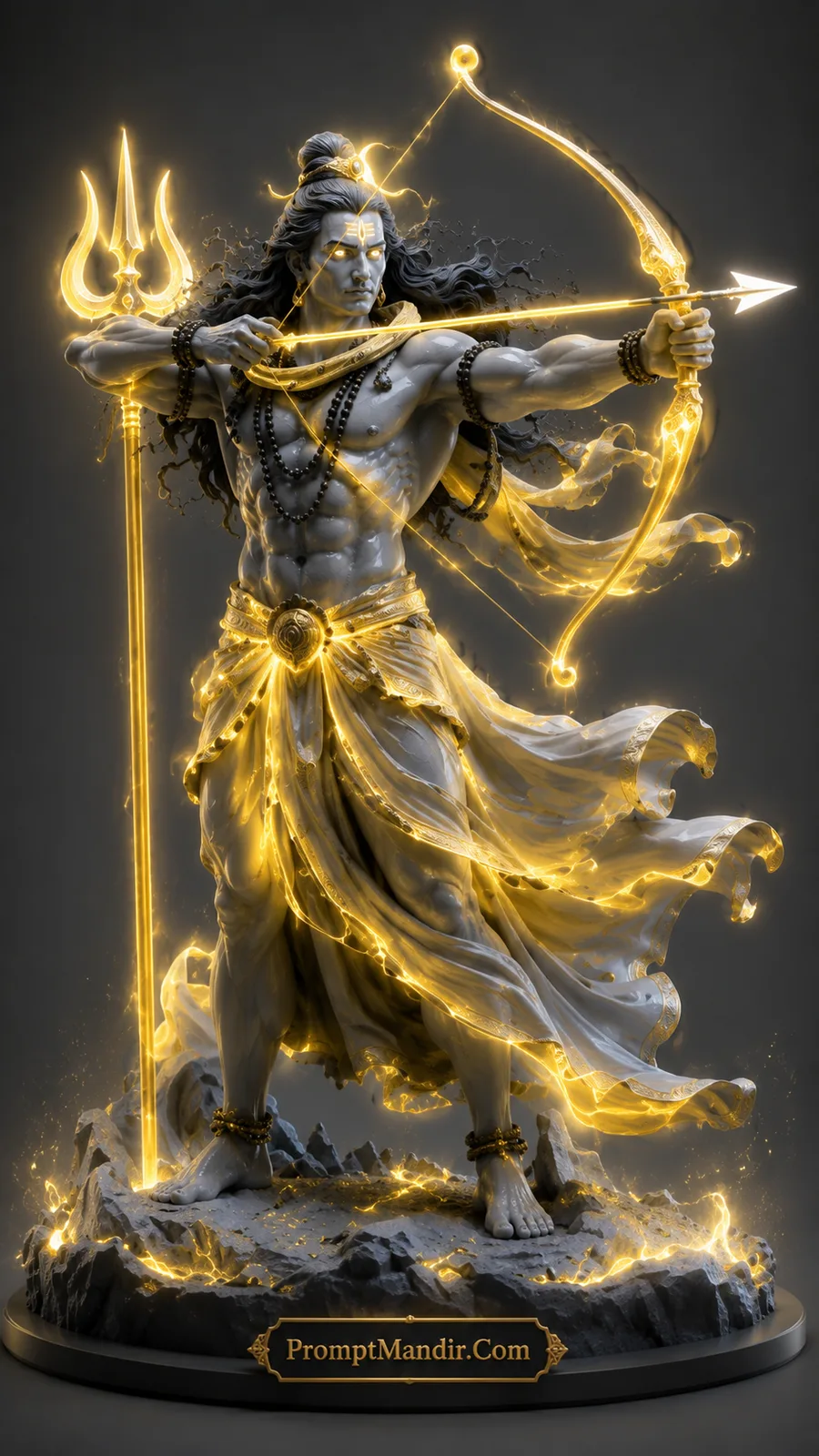 Lord Shiva drawing a glowing golden bow with radiant arrow and divine trident beside him