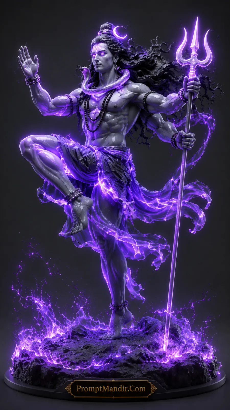 Lord Shiva performing Tandava pose with glowing purple aura and radiant trident