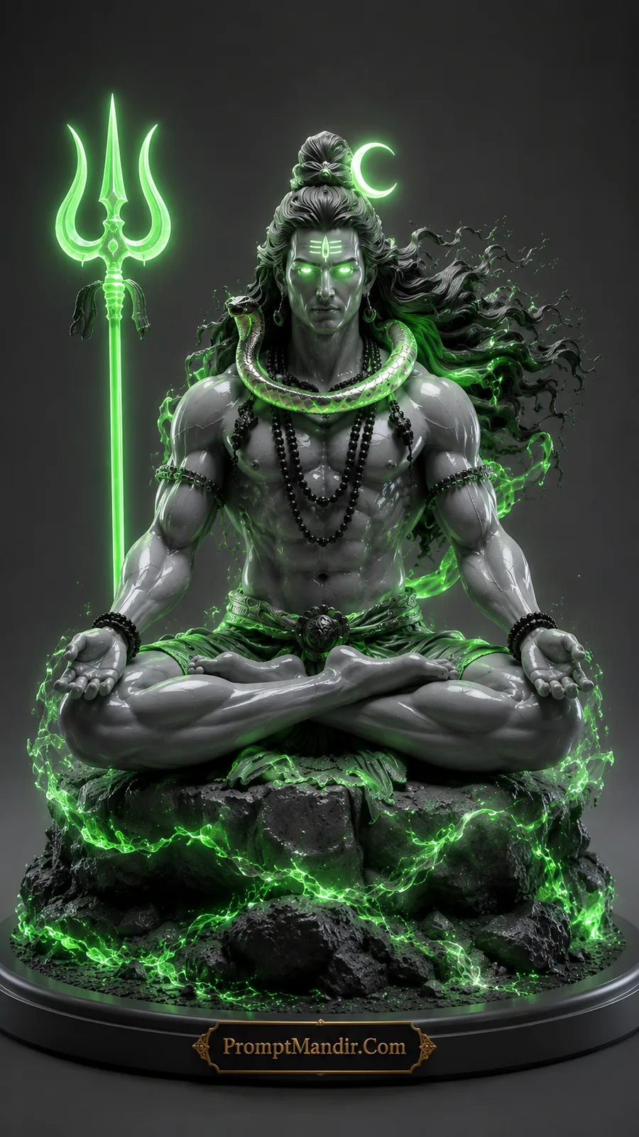 Meditating Lord Shiva with glowing green aura, serpent necklace and luminous trident
