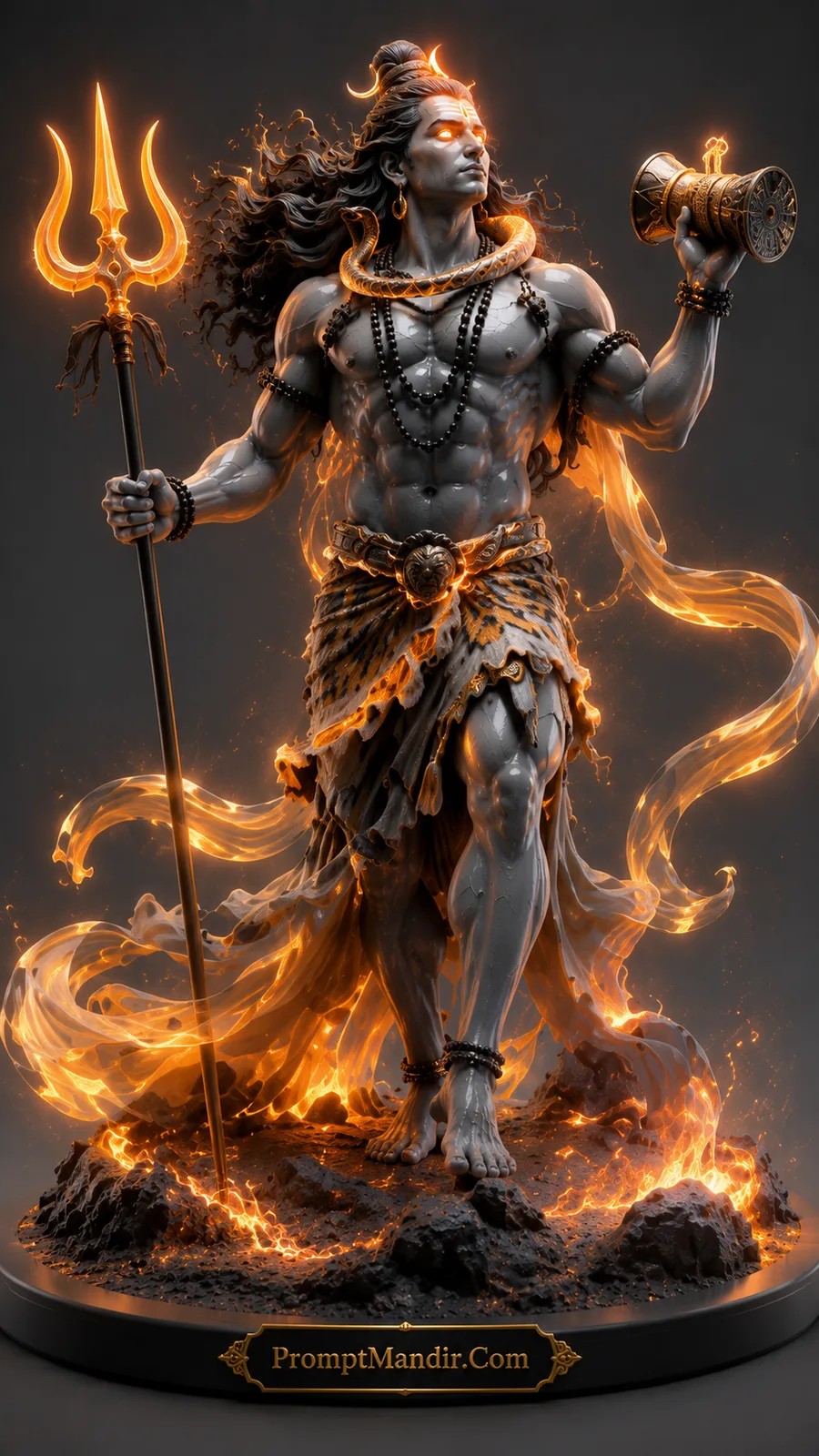 Lord Shiva holding damru and glowing trident with fiery orange divine aura