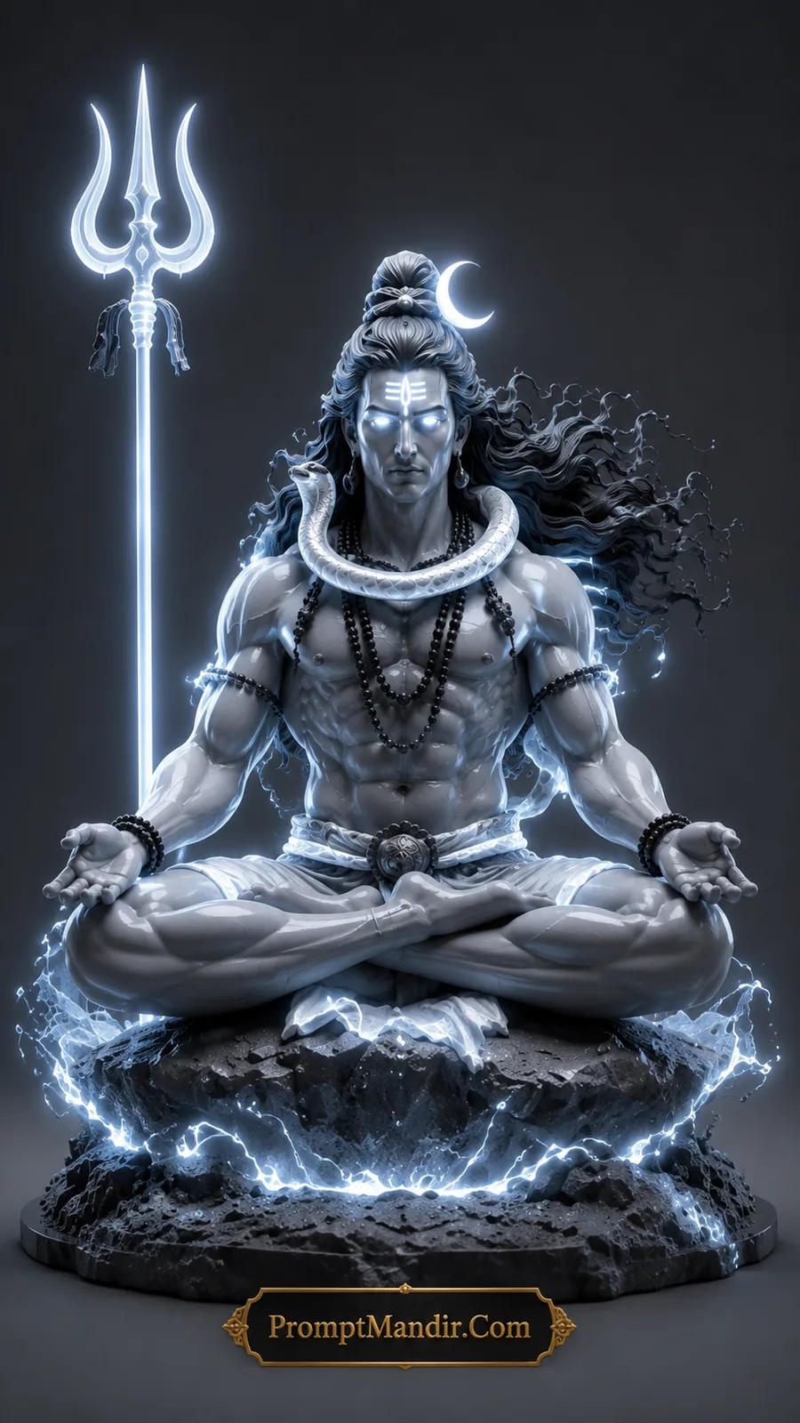 Meditating Lord Shiva with glowing white aura and luminous trident on rocky pedestal
