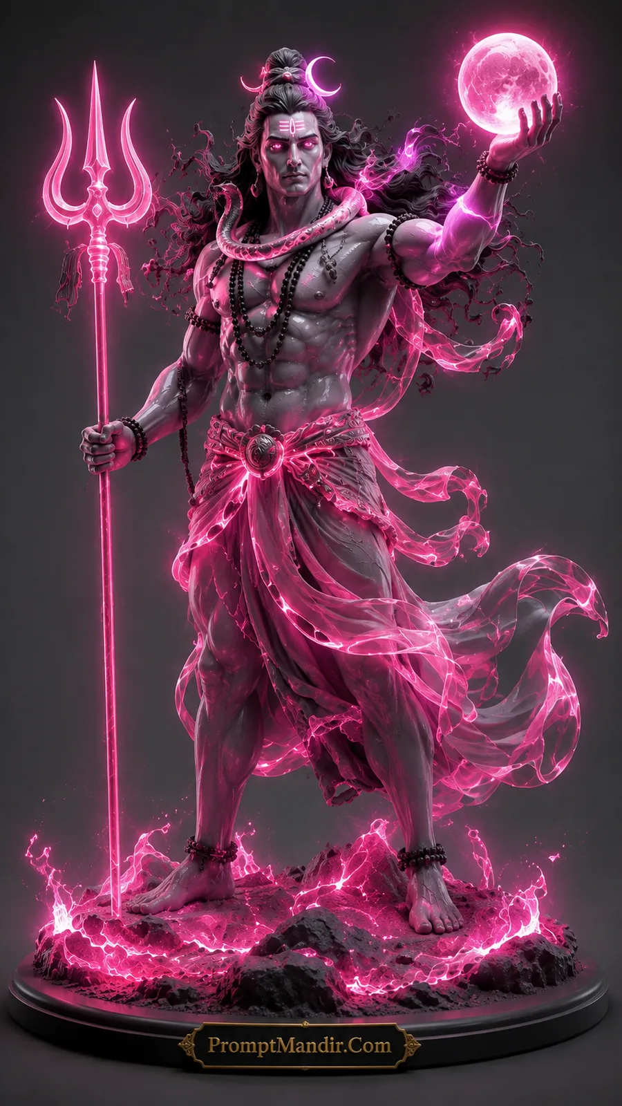 Lord Shiva holding glowing pink moon with radiant trident and flowing robes