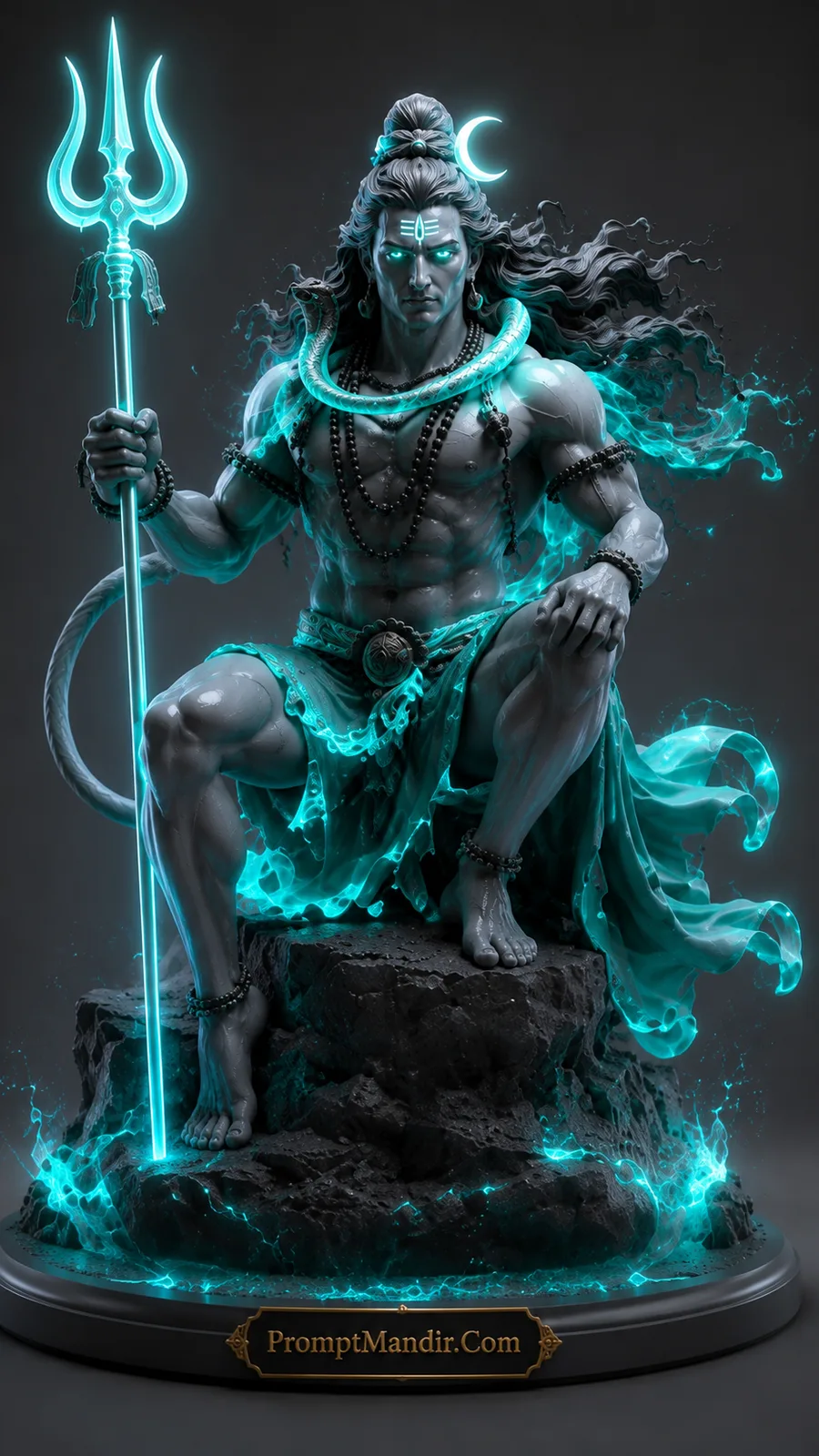 Seated Lord Shiva with cyan glowing aura, radiant trident and flowing divine energy