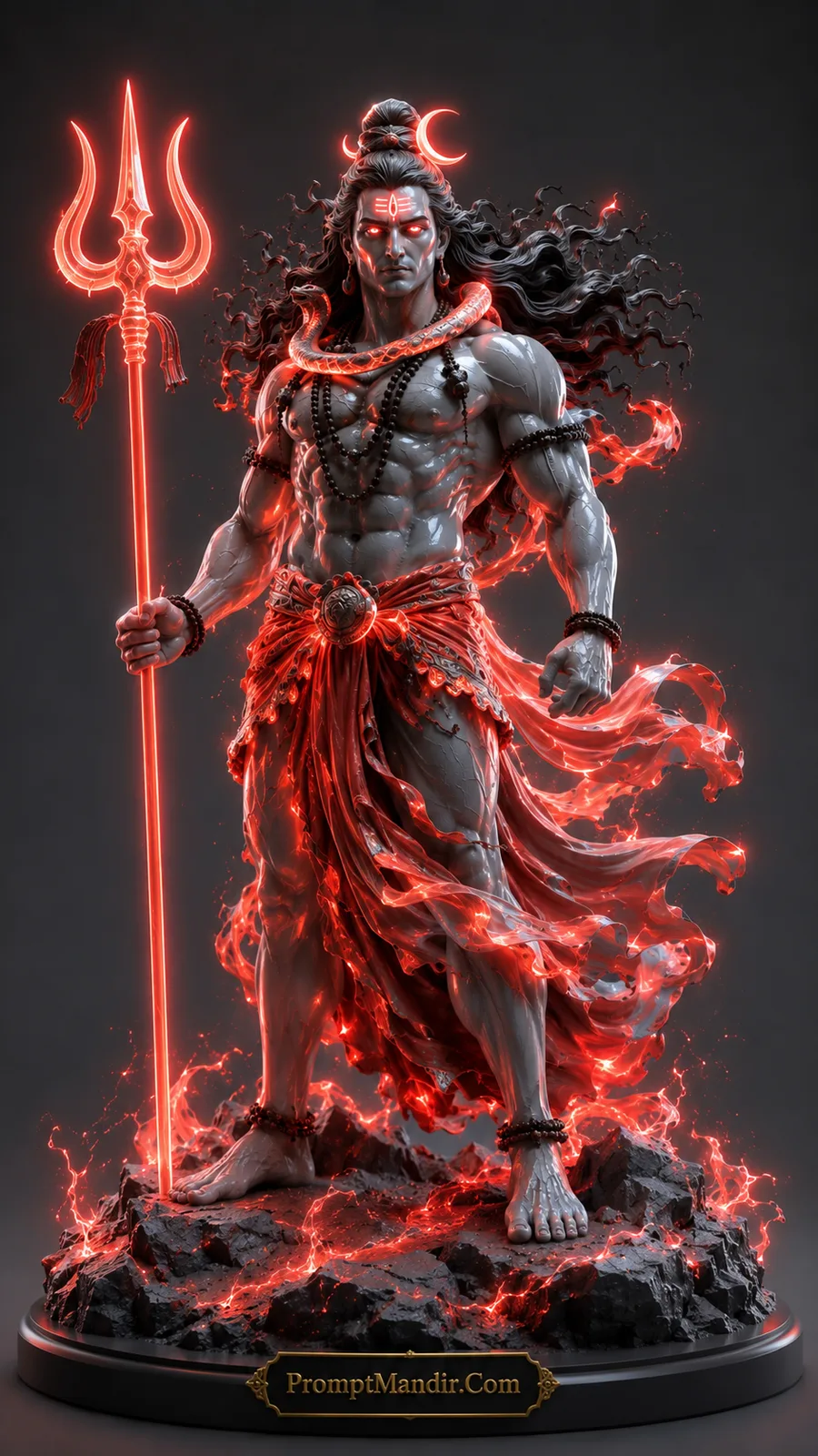 Standing Lord Shiva with glowing red trident and blazing crimson spiritual aura