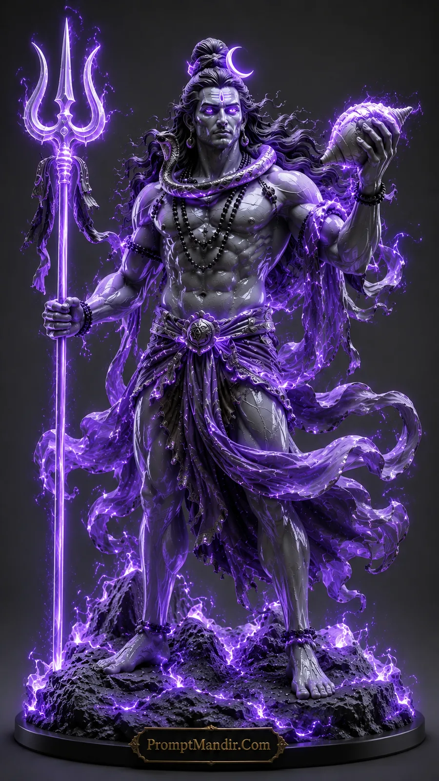 Lord Shiva holding sacred conch with glowing purple aura and luminous trident