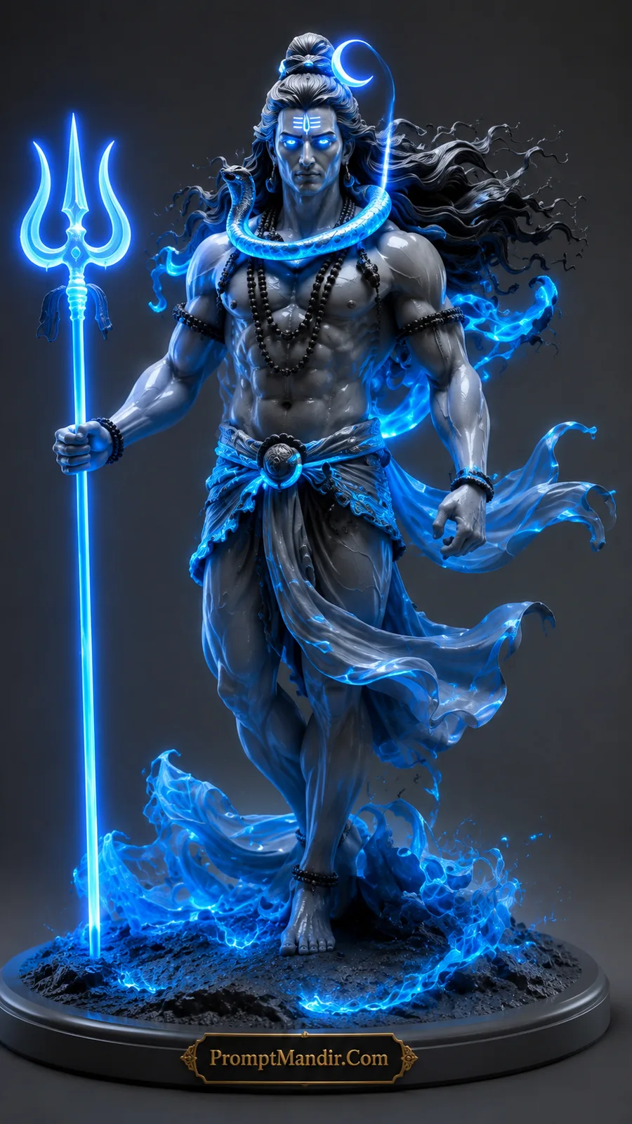 Lord Shiva walking forward with glowing blue trident and radiant celestial aura