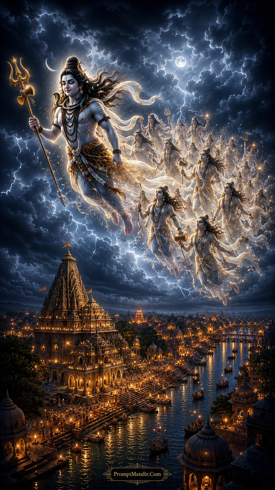 Epic artwork of Lord Shiva flying through a stormy night sky with lightning, holding a Trishul, surrounded by glowing Apsaras, with a lit city below