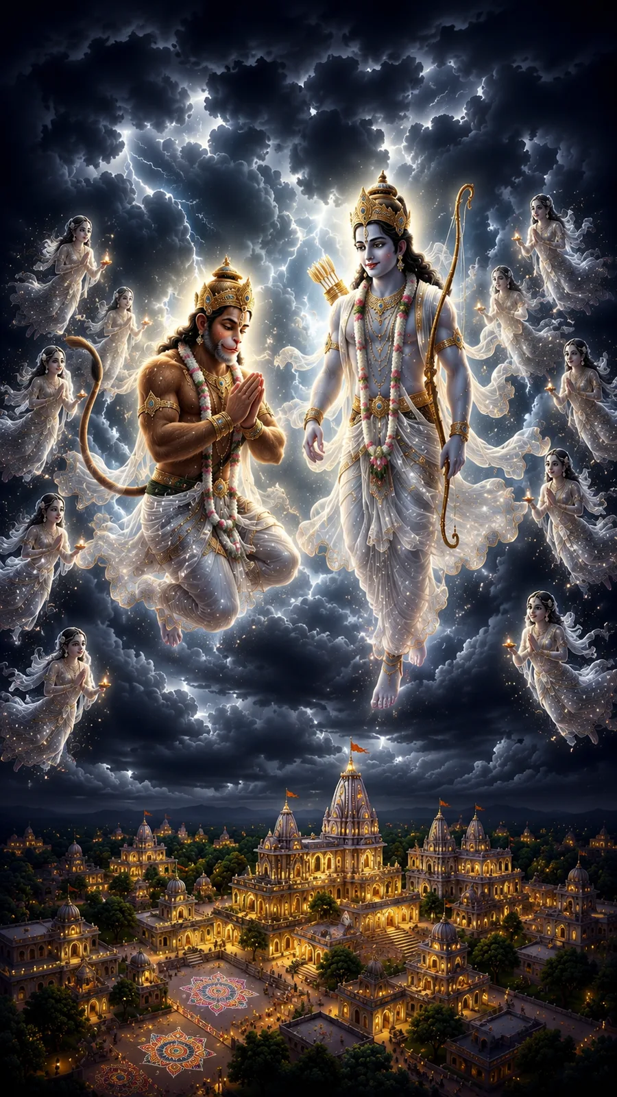 Epic artwork of Lord Rama and Hanuman flying through a starry night sky, surrounded by celestial maidens, with a glowing temple city below