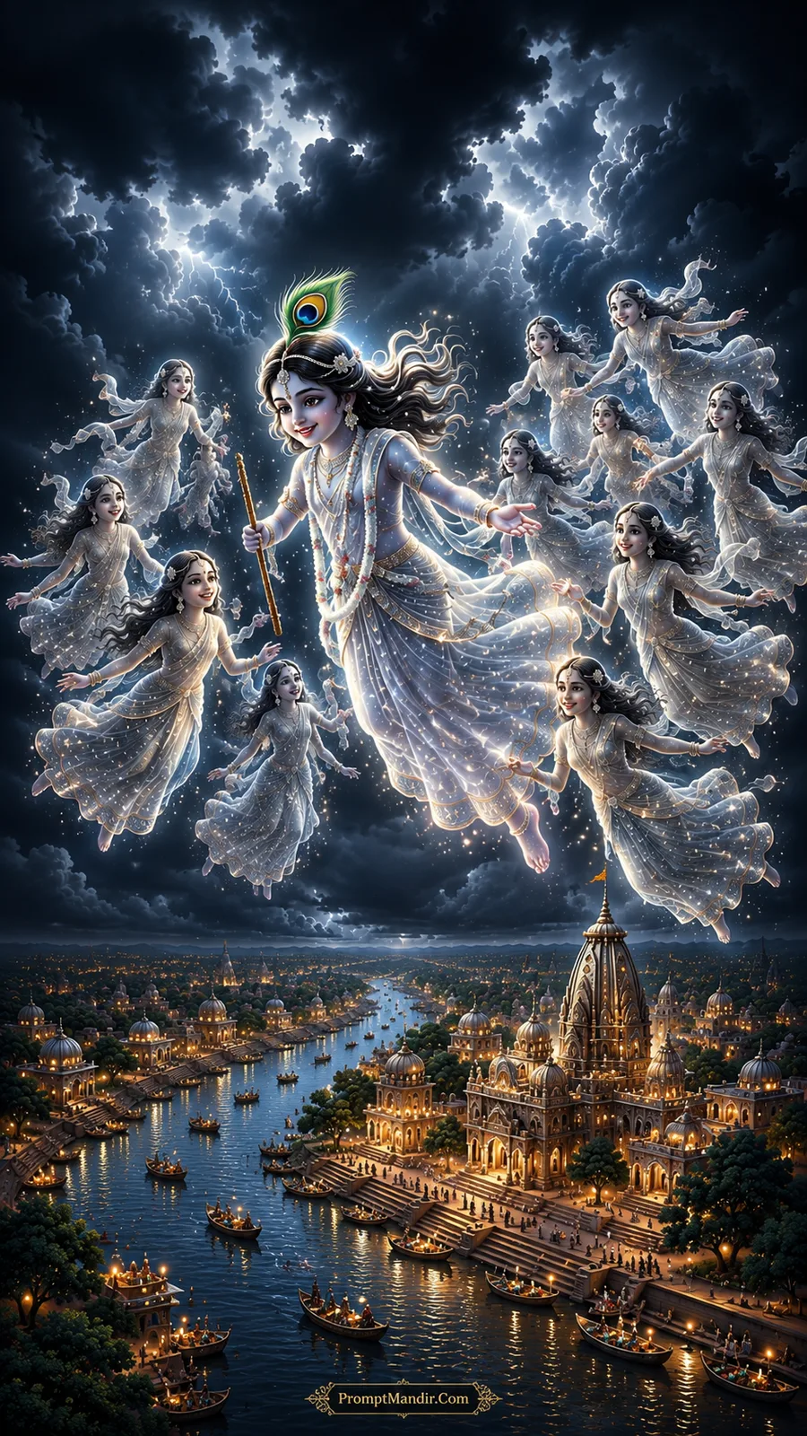 Epic artwork of a child Lord Krishna flying through the stormy skies with his flute, surrounded by dancing Gopis