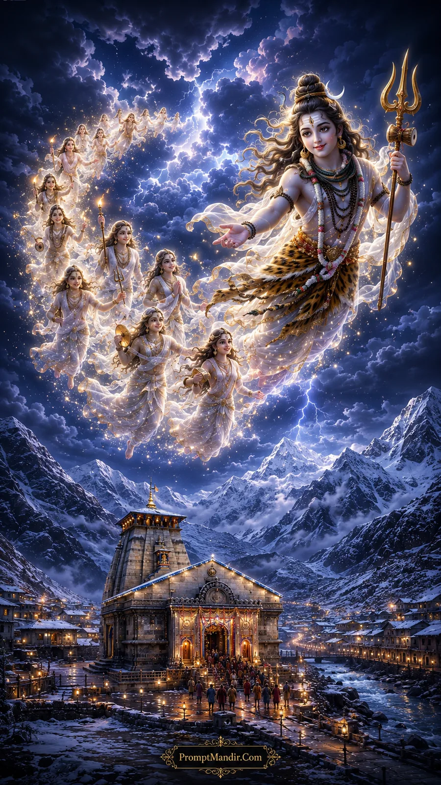 Epic artwork of Lord Shiva flying through a snowy Himalayan night, surrounded by celestial beings in a swirling dance, with a temple below