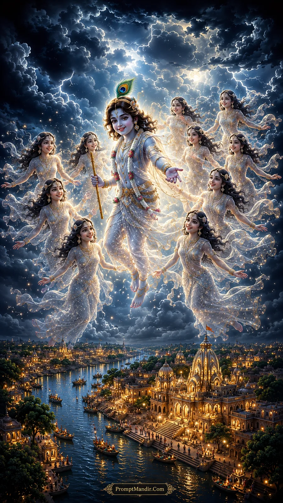 Epic artwork of Lord Krishna flying through a stormy sky, surrounded by numerous glowing Gopis, with a river city below