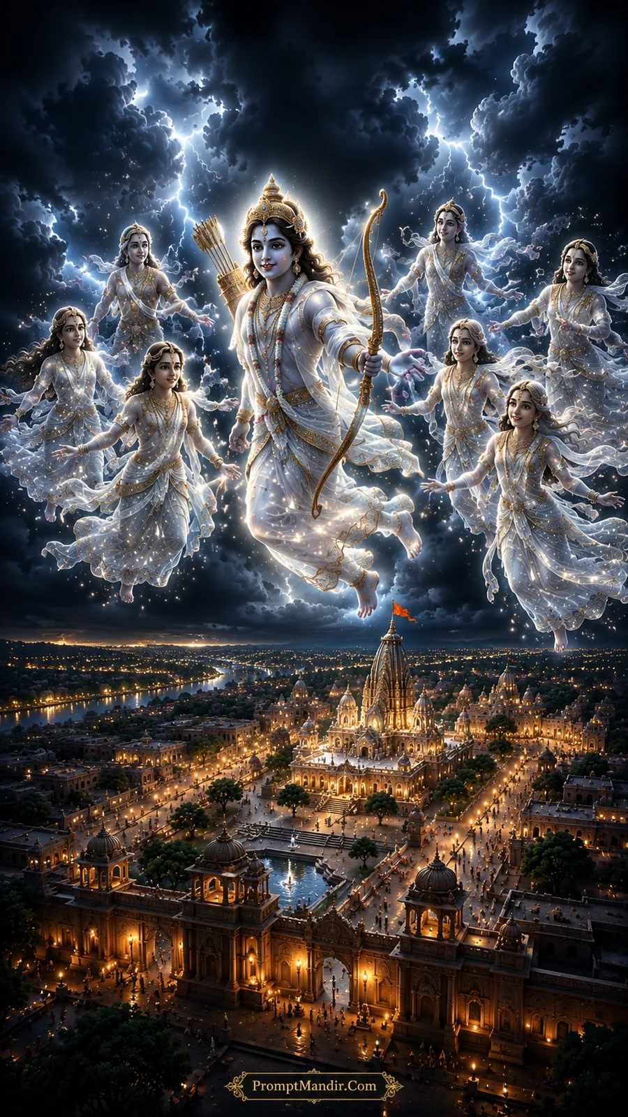 Epic artwork of Lord Rama flying through the night sky, surrounded by celestial maidens, with a grand temple city below