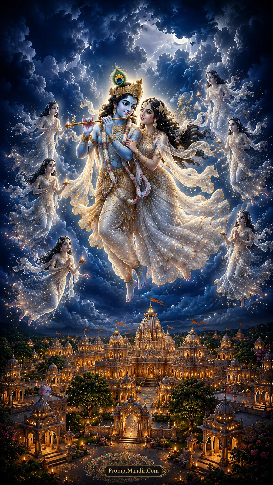 Epic artwork of Radha-Krishna playing the flute, flying through the night sky, surrounded by celestial dancers