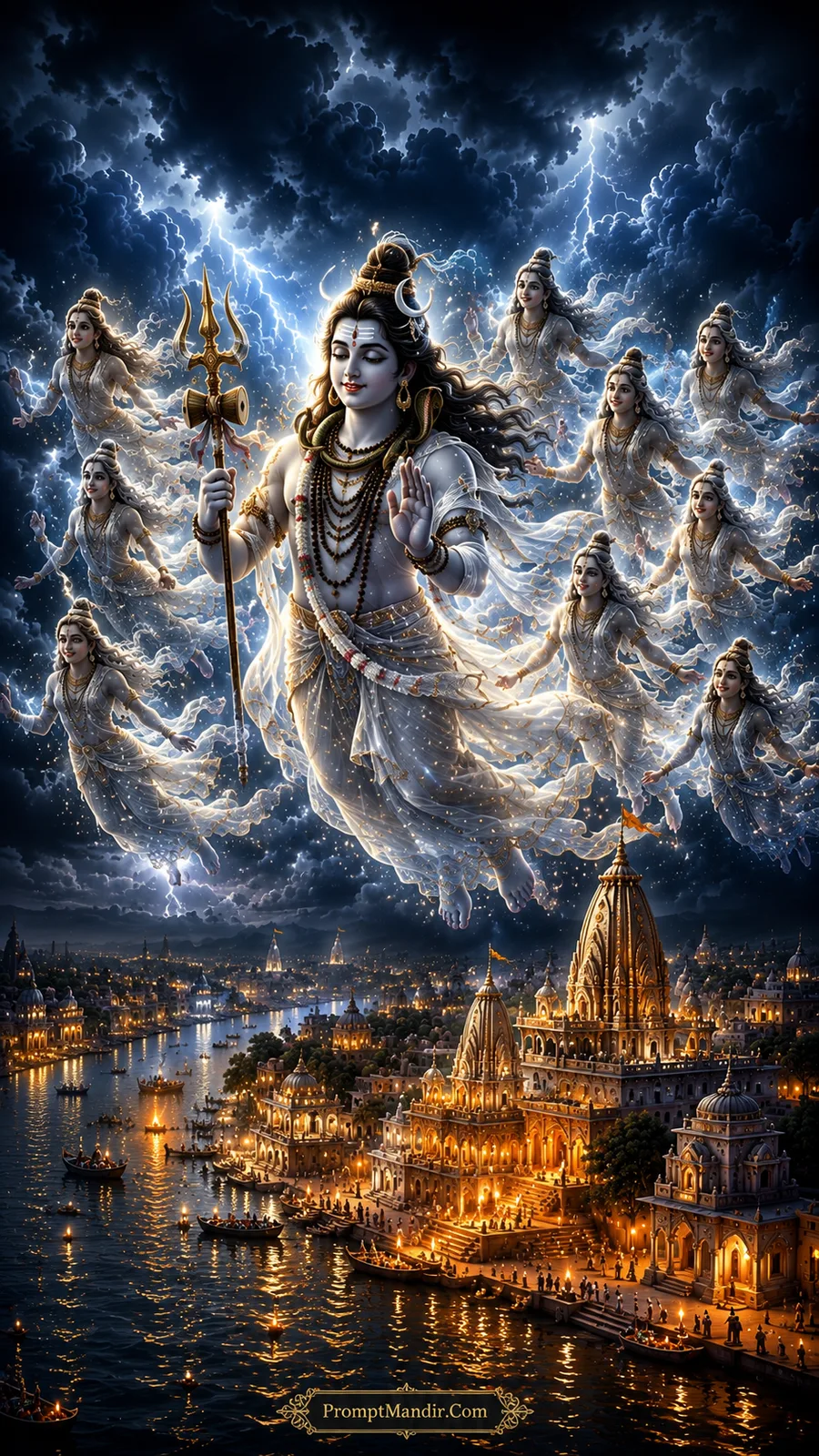 Epic artwork of Lord Shiva blessing from the stormy skies, with his Trishul and surrounded by celestial beings, over a river ghat city