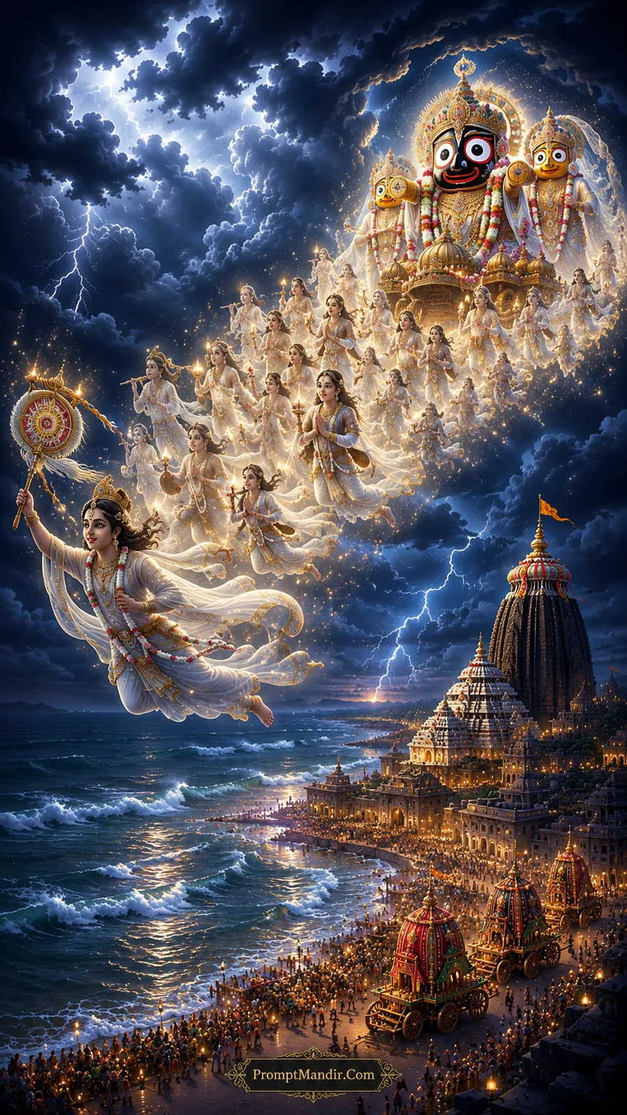Epic artwork of Lord Jagannath and celestial dancers appearing in the stormy sky over the ocean and the Rath Yatra chariots