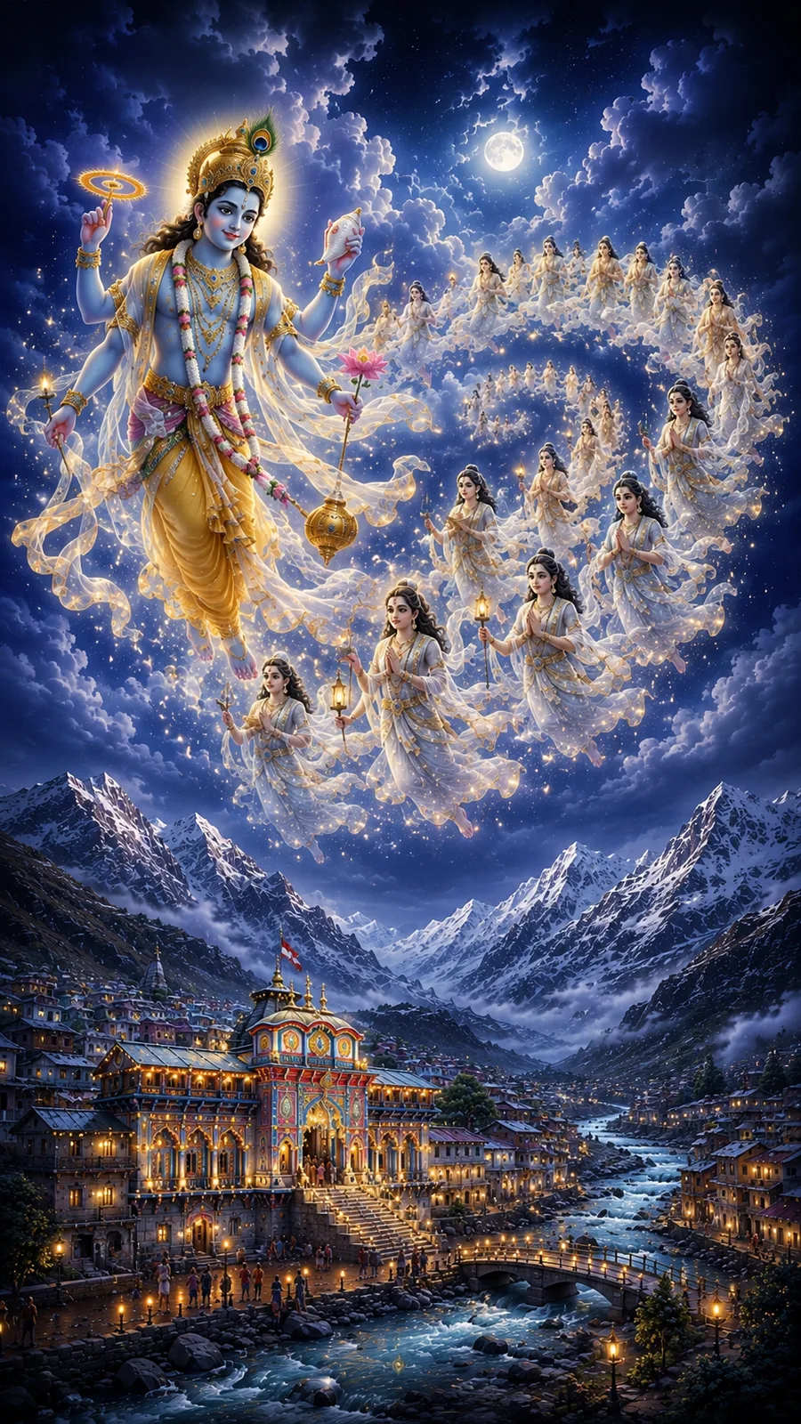 Epic artwork of four-armed Lord Vishnu flying through a starry sky, surrounded by celestial beings in a swirling formation, with a Himalayan temple below
