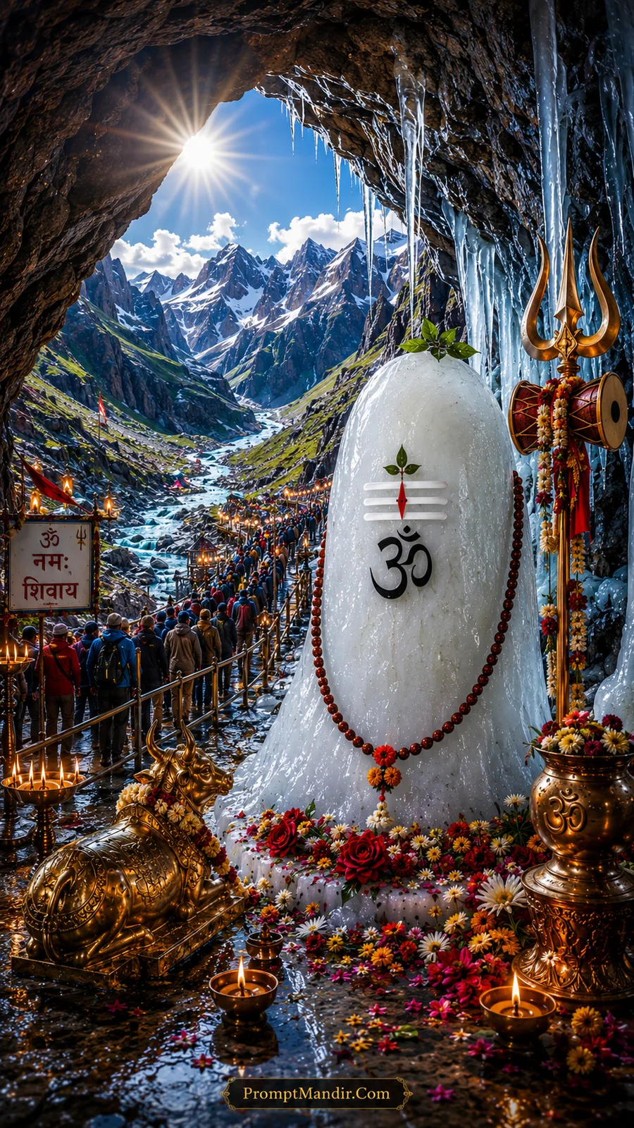 Sacred ice Shivling of Baba Barfani inside Amarnath Cave with golden Nandi, Trishul, and a snowy mountain valley view at bright daylight