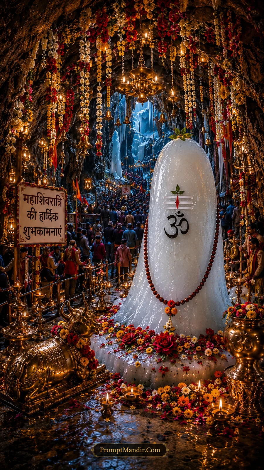 Sacred ice Shivling of Baba Barfani inside a dimly lit Amarnath Cave decorated with hanging bells, floral garlands, and a Mahashivratri greeting board