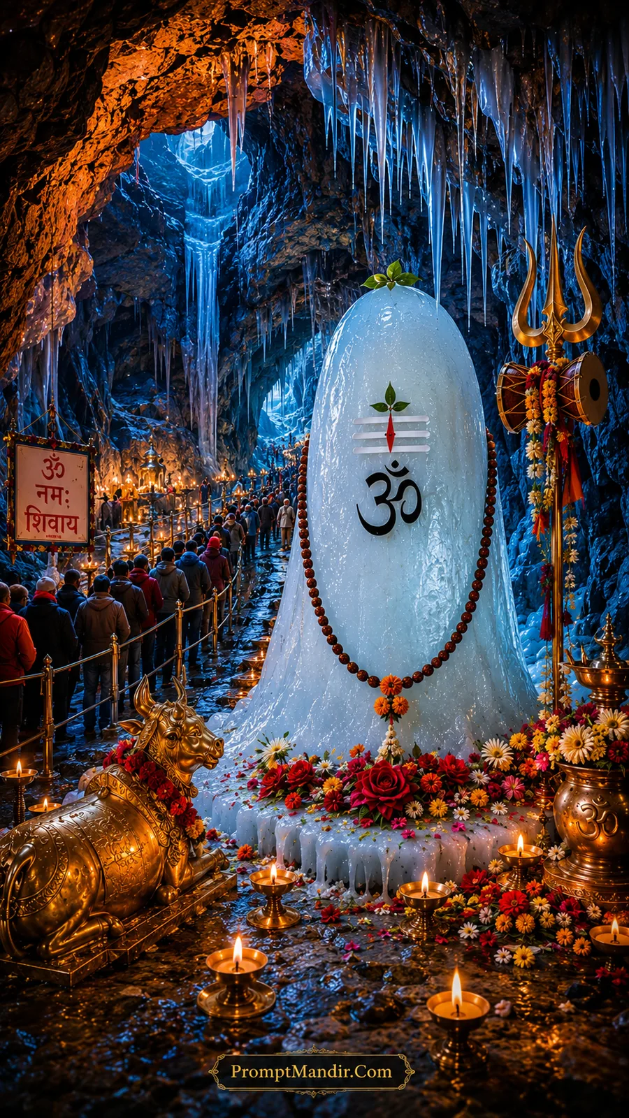 Sacred ice Shivling of Baba Barfani in a mystical Amarnath Cave illuminated by blue crystal lights, golden Nandi, and a peaceful Om Namah Shivaya signboard