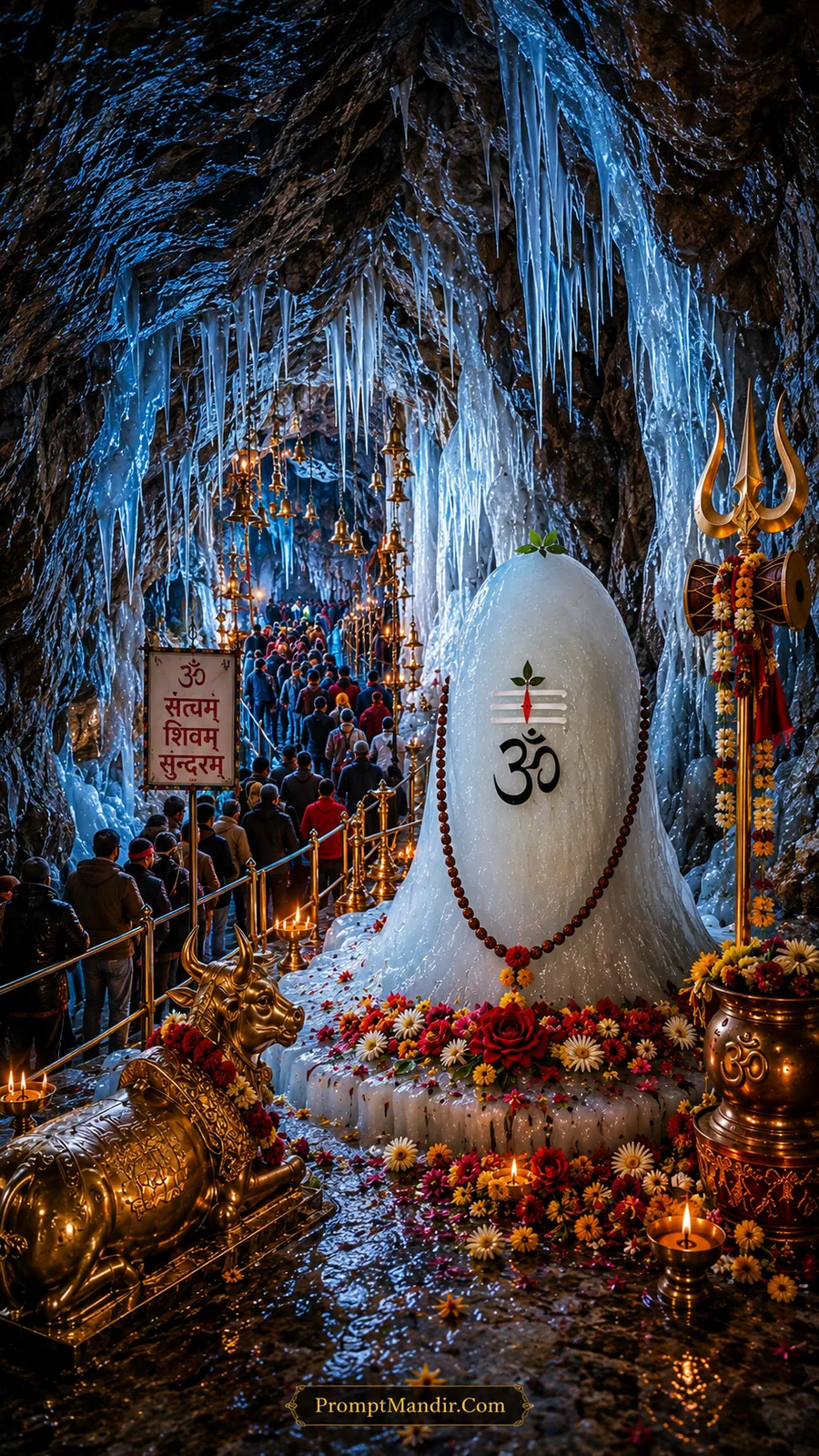 Sacred ice Shivling of Baba Barfani in a dark blue icicle-adorned cave with a golden Nandi and Satyam Shivam Sundaram holy signboard