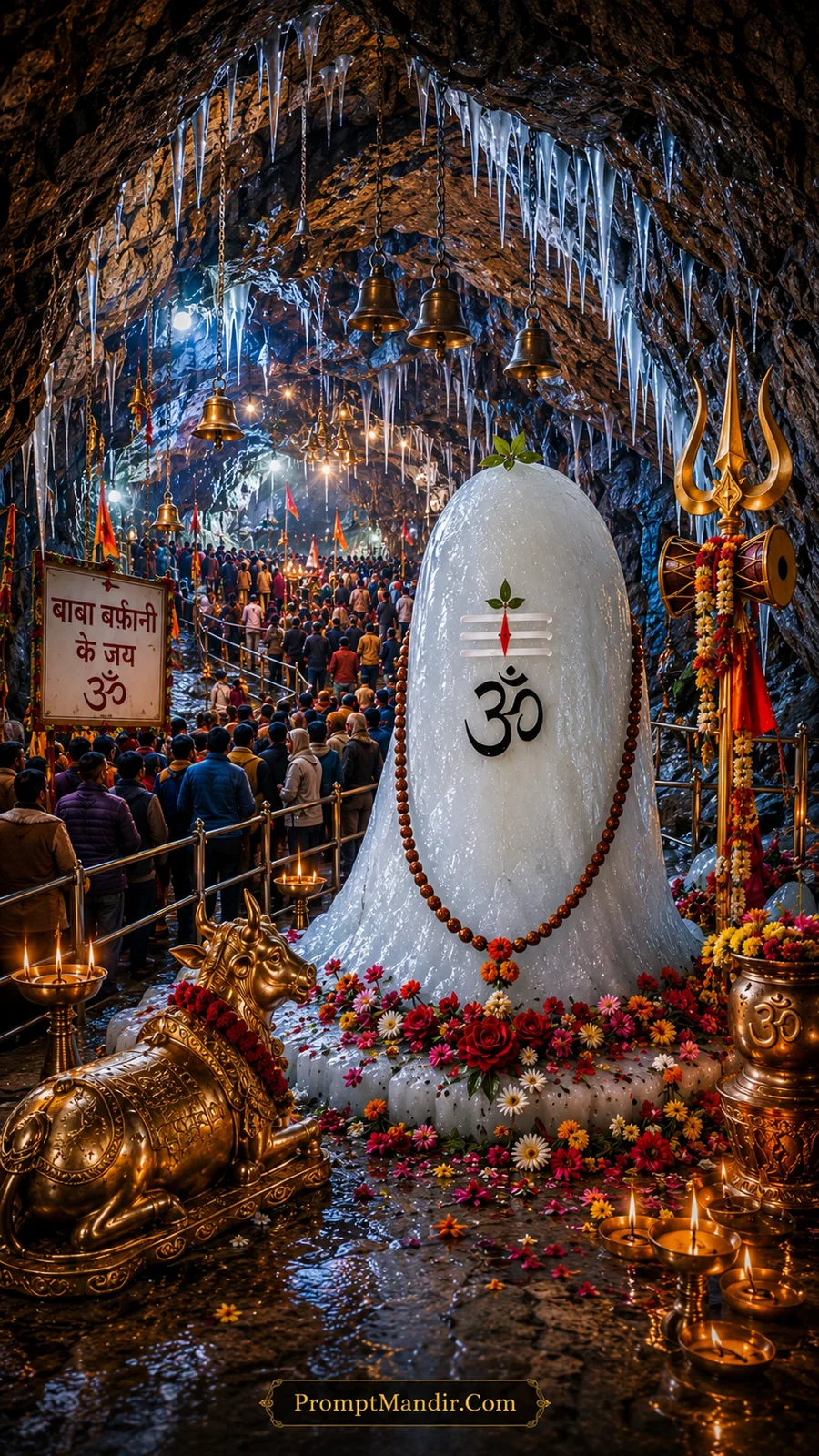 Sacred ice Shivling of Baba Barfani inside the Amarnath Cave with golden bells, brass lamps, and a holy Jai Baba Barfani signboard