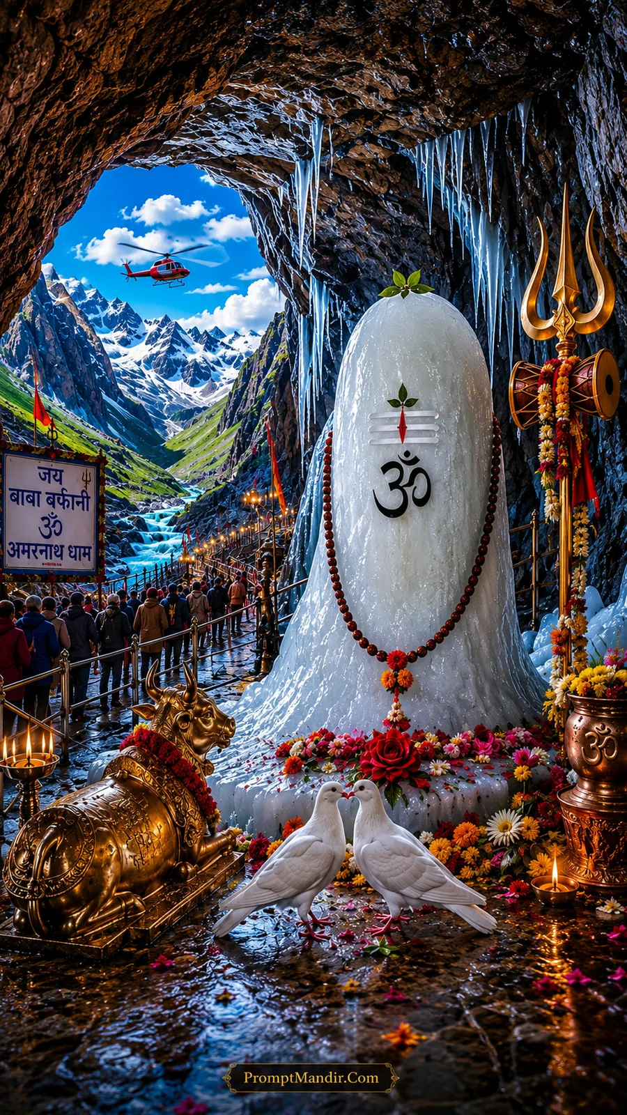 Sacred ice Shivling of Baba Barfani at the Amarnath Cave entrance with a bright blue sky, Himalayan mountains, a helicopter, and white doves