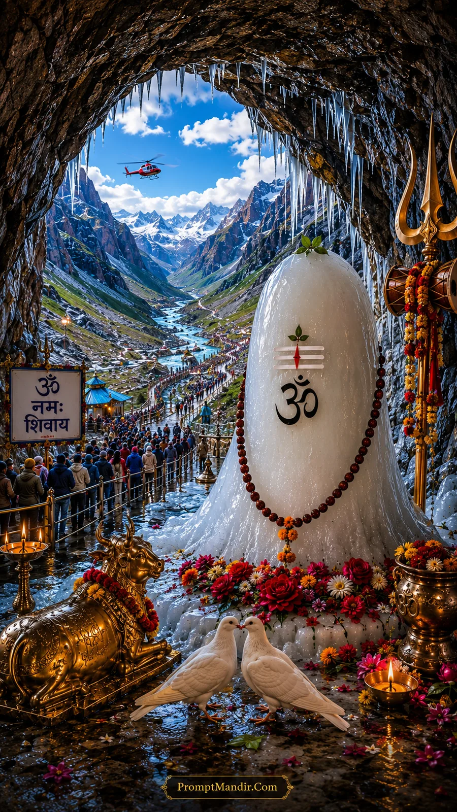 Sacred ice Shivling of Baba Barfani inside the Amarnath Cave with a bright outdoor view, white doves, and a helicopter flying in a blue sky