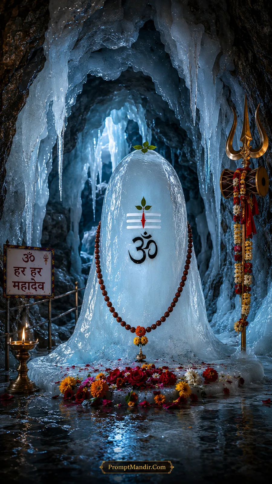 Sacred ice Shivling of Baba Barfani in a frozen blue ice cave with golden lamps, Trishul, and a Har Har Mahadev prayer signboard