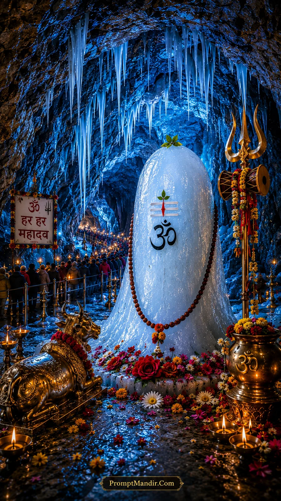 Sacred ice Shivling of Baba Barfani inside a blue cave with golden brass decorations, an Om Trishul signboard, and a crowd of devotees