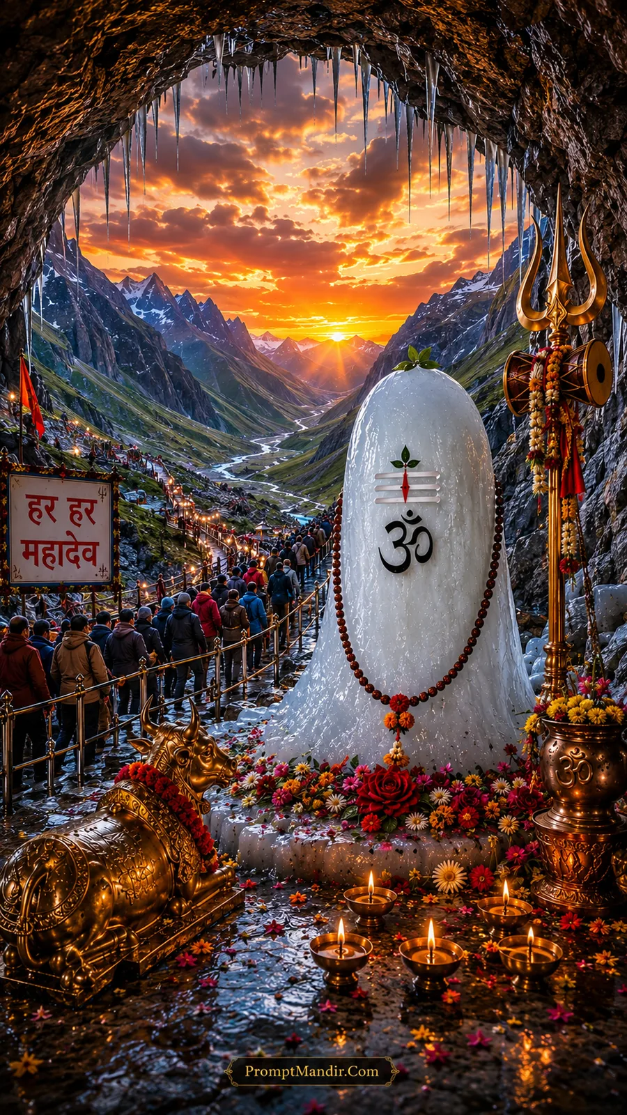 Sacred ice Shivling of Baba Barfani inside the Amarnath Cave with a spectacular golden sunset view over the Himalayan valley