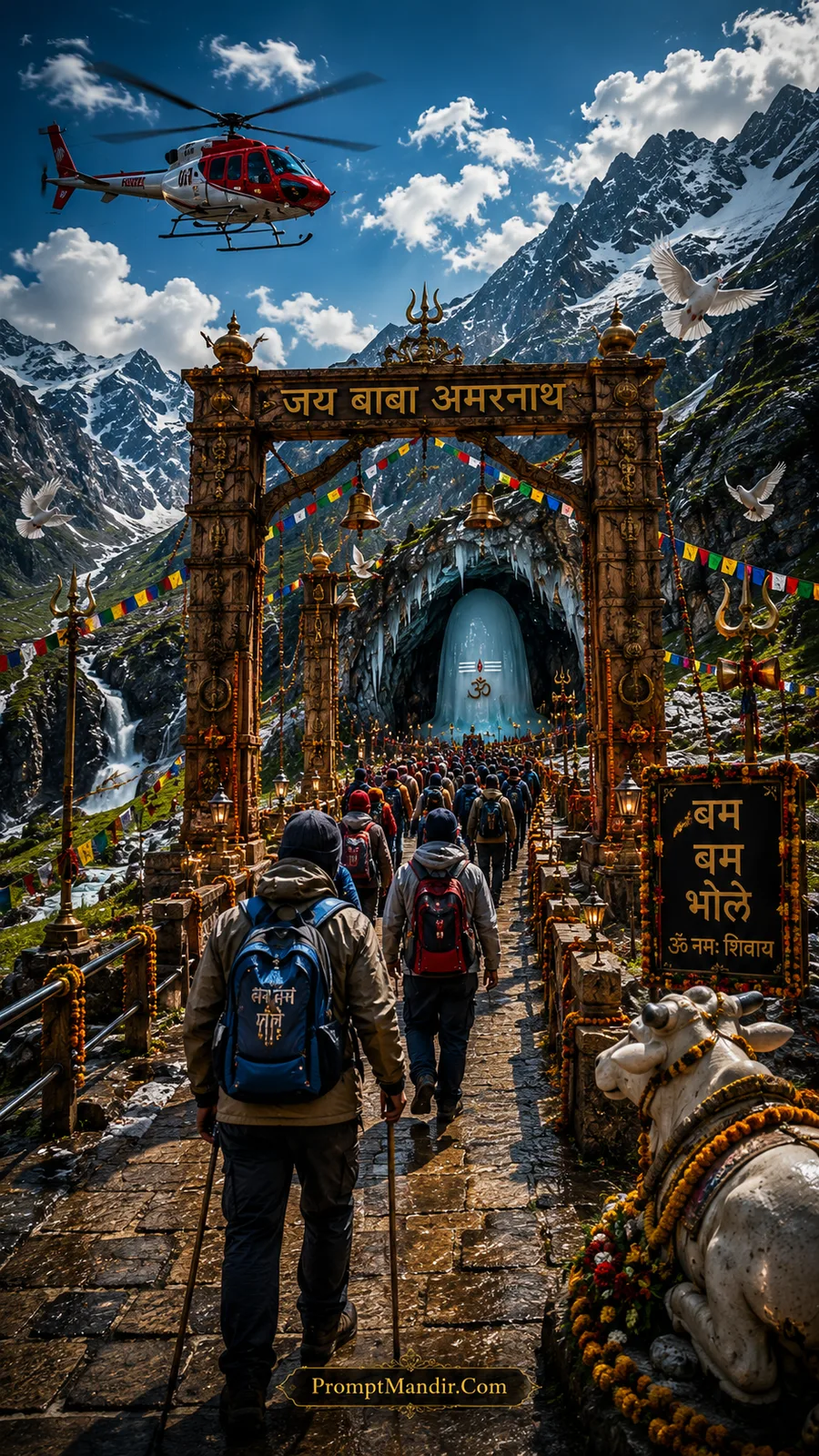 Pilgrims walking towards the sacred Amarnath Cave through a wooden archway with a helicopter flying over Himalayan mountains under a blue sky