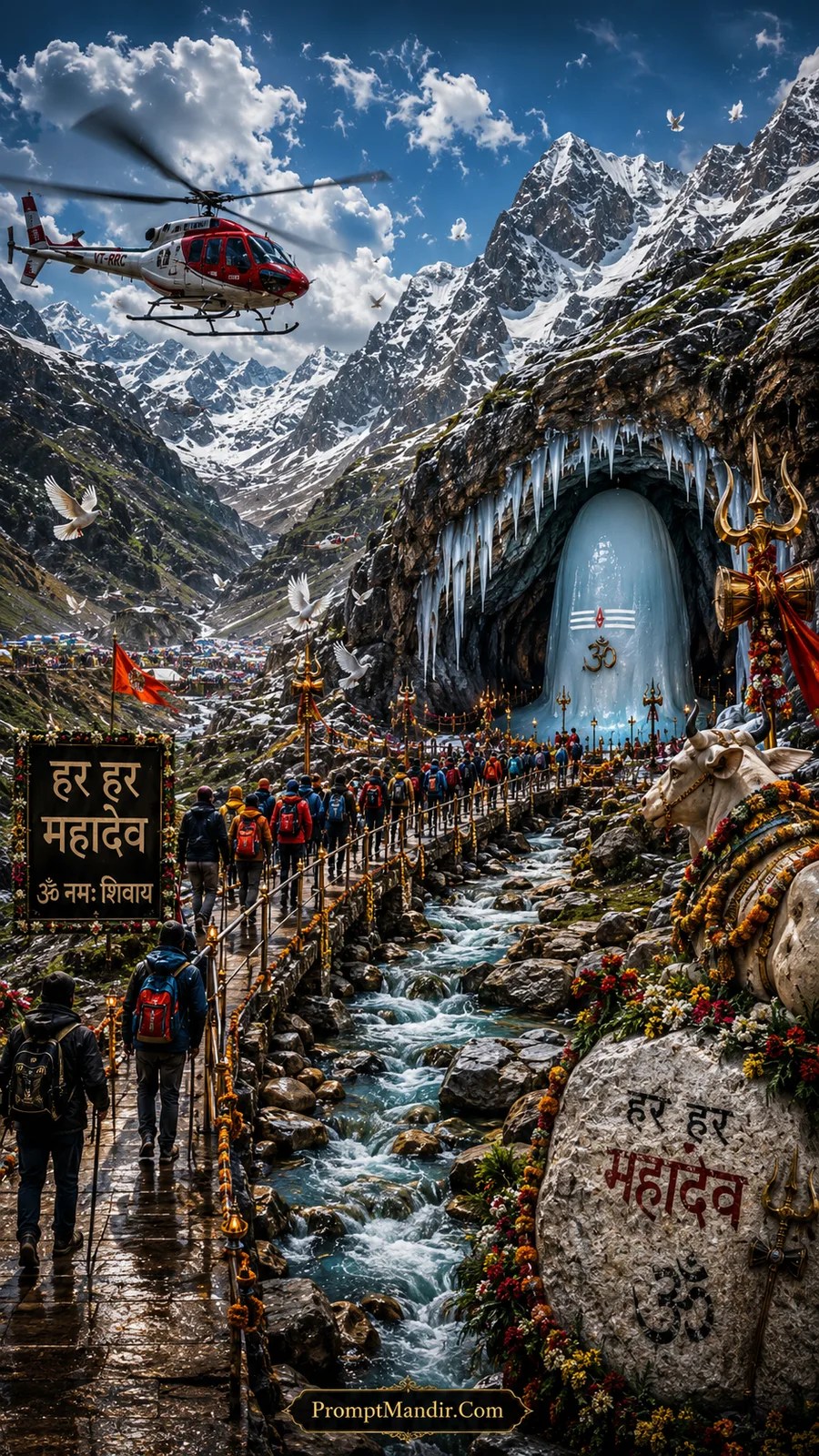 Pilgrims walking over a metal bridge towards the Amarnath Cave with a helicopter, snowy mountains, and a Har Har Mahadev signboard