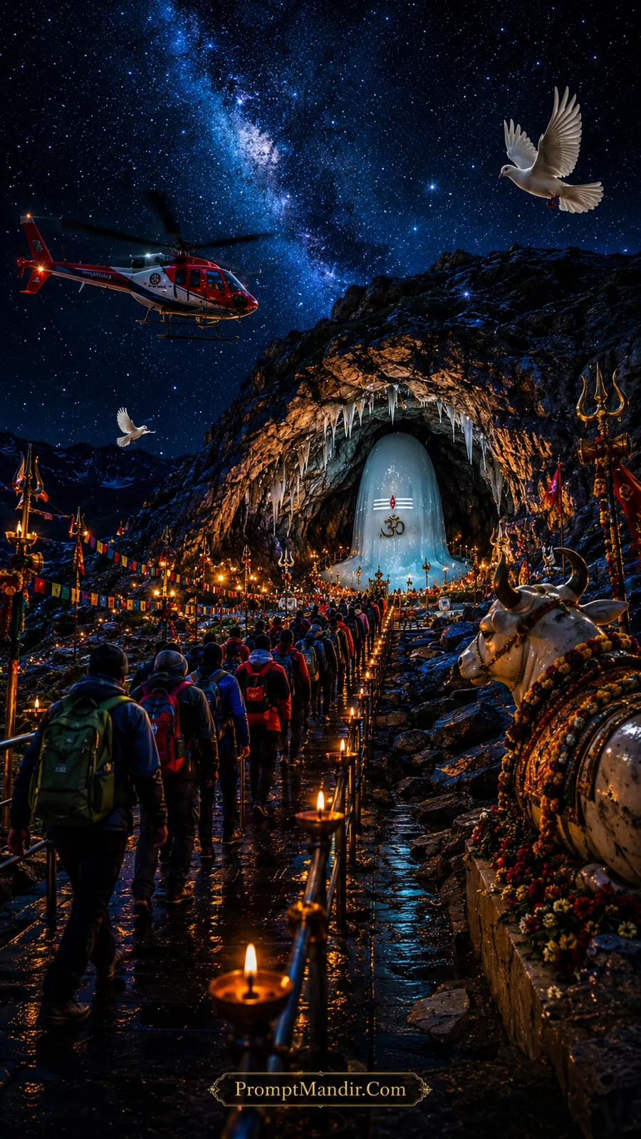Pilgrims walking towards the illuminated Amarnath Cave at night under a starry galaxy sky with a helicopter and floating diyas