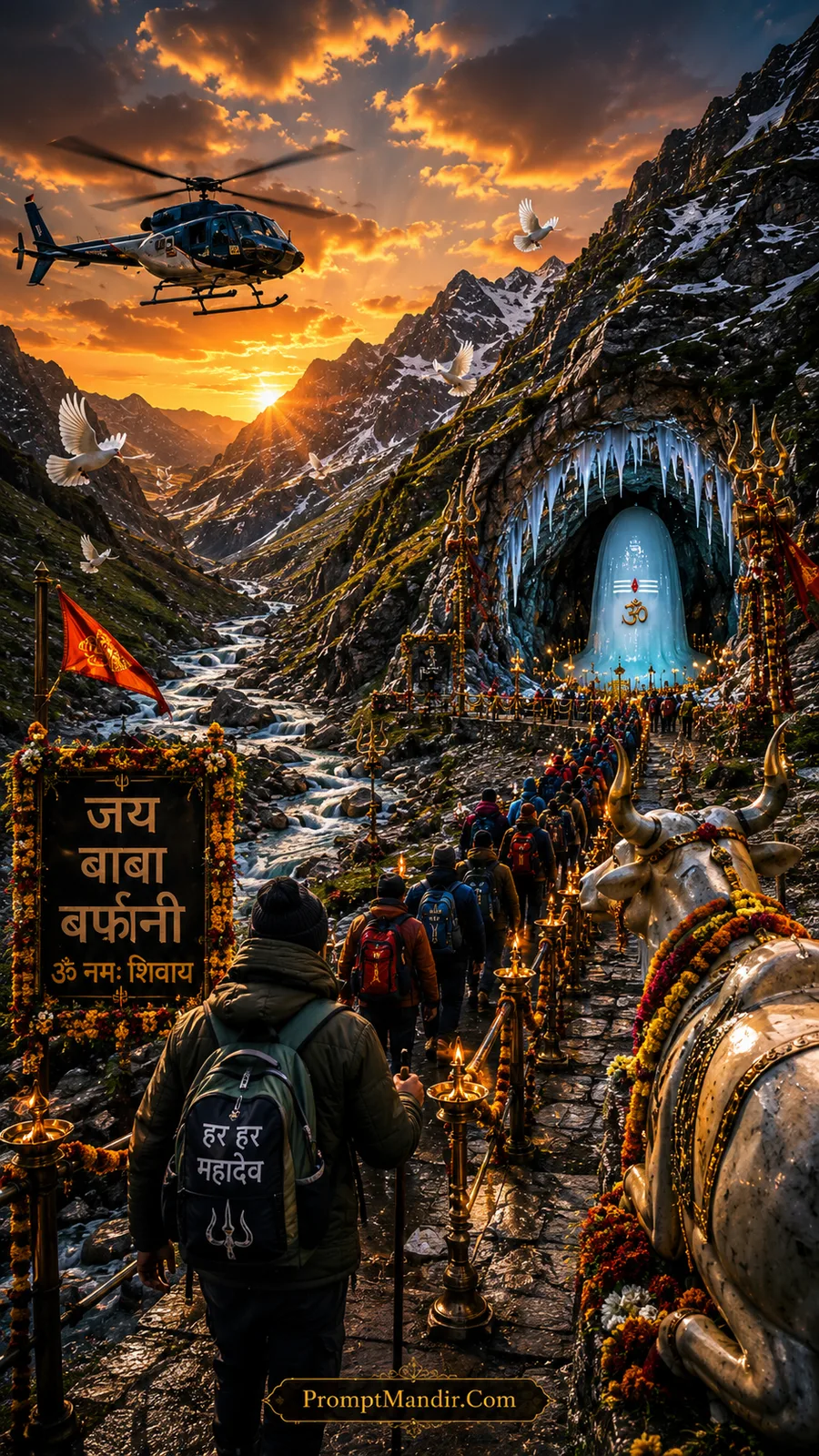 Pilgrims walking toward the Amarnath Cave at golden sunset with a helicopter, snow-capped mountains, and a Jai Baba Barfani signboard