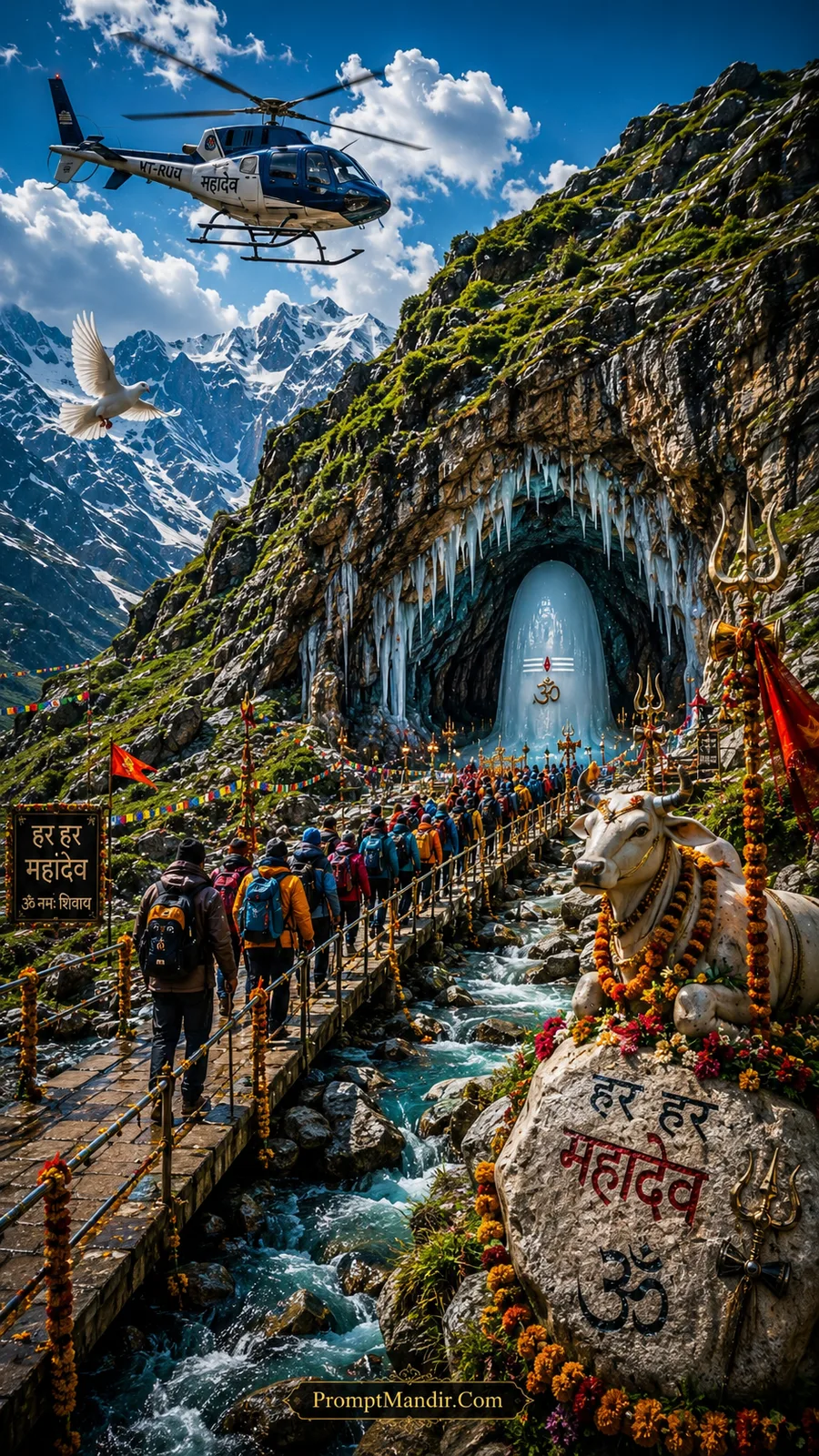 Pilgrims walking over a metal bridge towards the Amarnath Cave with a blue helicopter flying over lush green mountains and a Har Har Mahadev sign