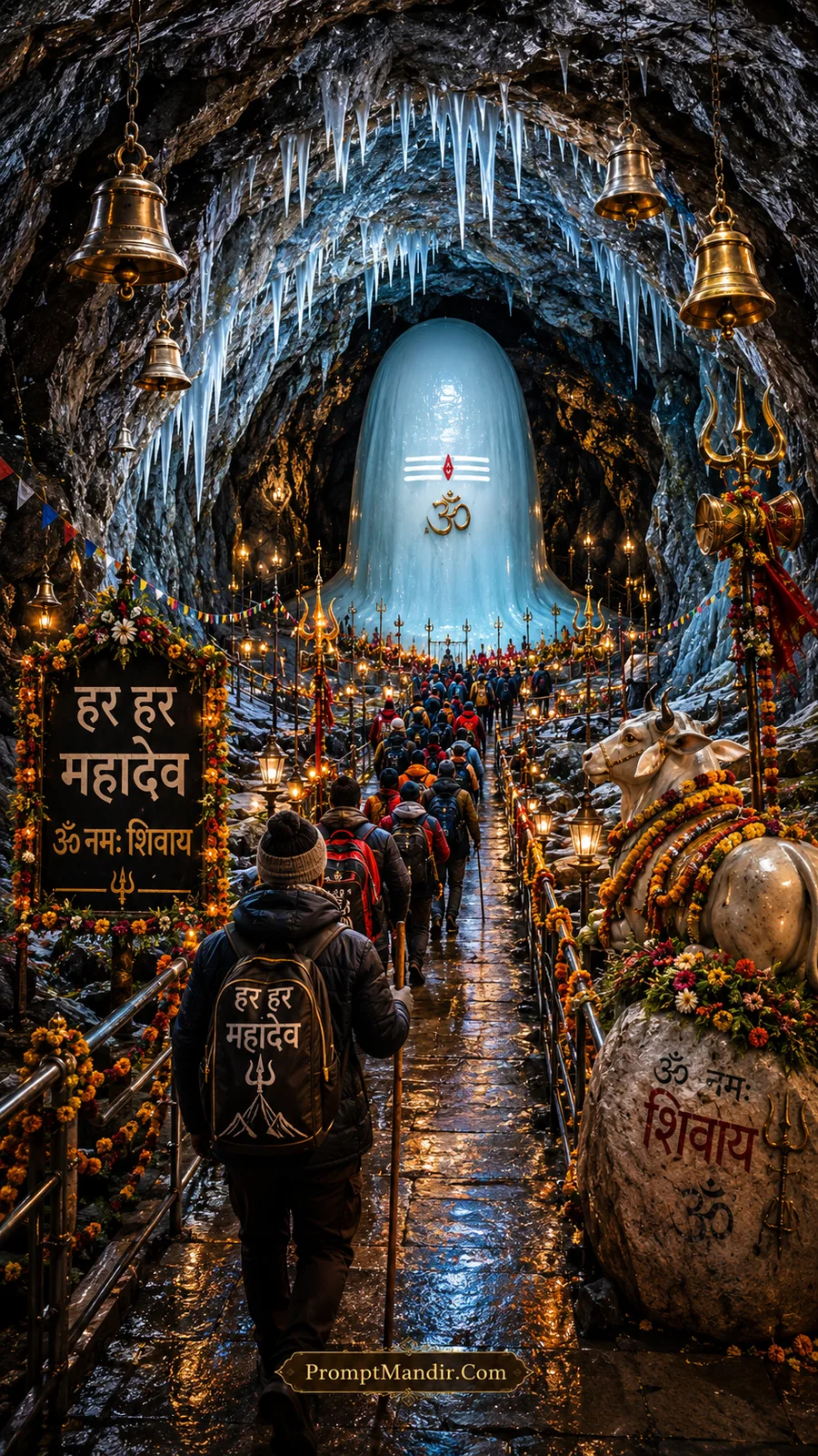 Pilgrims walking inside the Amarnath Cave towards the glowing ice Shivling with hanging bells, golden lamps, and a Har Har Mahadev sign