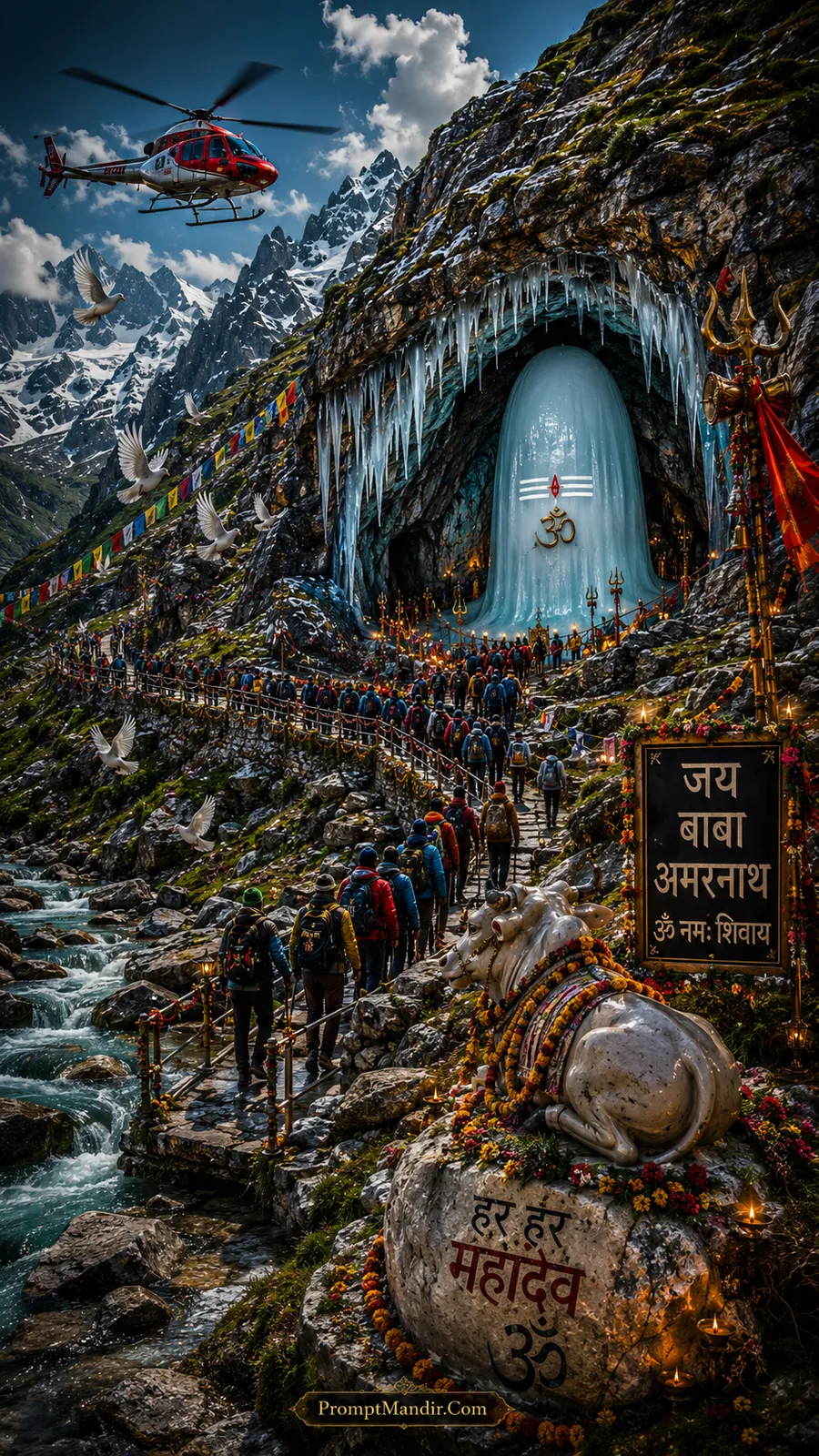 Pilgrims walking through a rocky mountain path toward the Amarnath Cave with a red helicopter, white doves, and a Jai Baba Amarnath sign