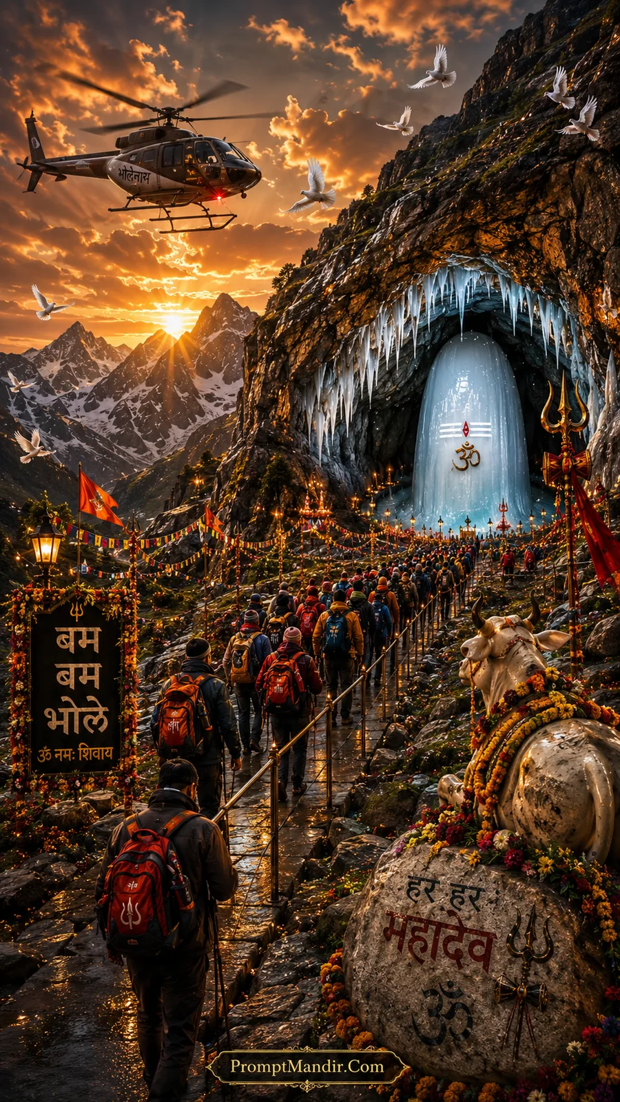 Pilgrims walking towards the Amarnath Cave at a dramatic orange sunset with a helicopter and a Bam Bam Bhole signboard