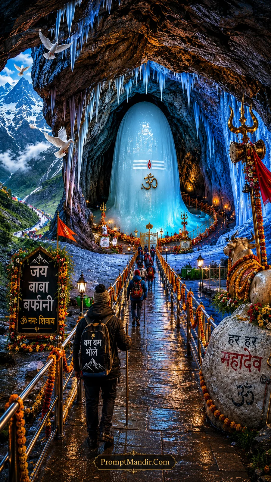 Pilgrims walking inside the Amarnath Cave towards the glowing ice Shivling with a Jai Baba Barfani sign and a white Nandi statue