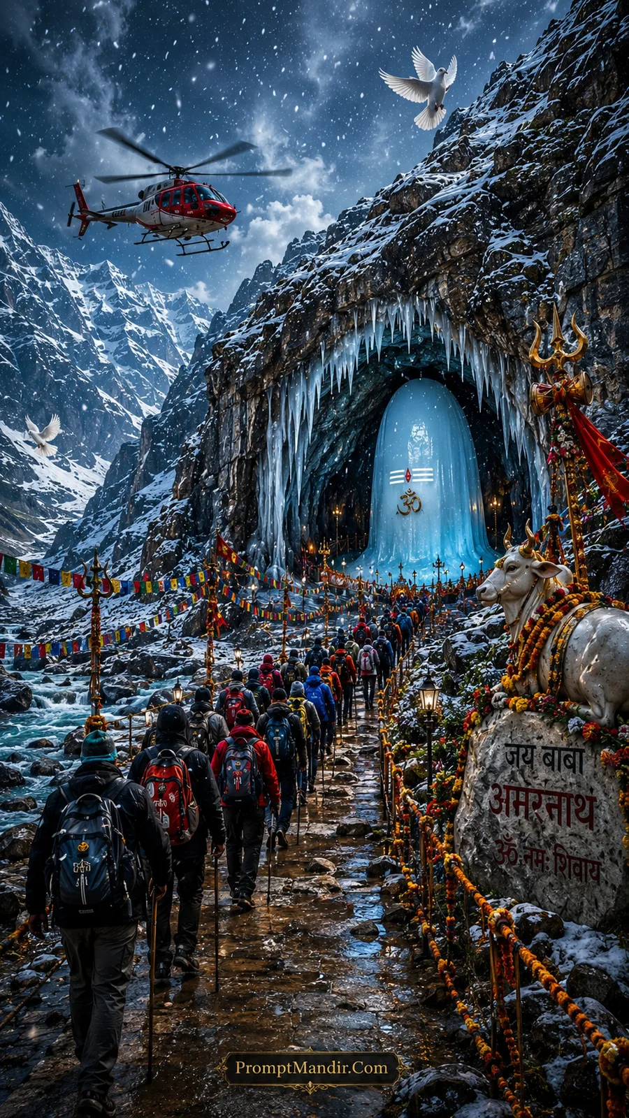 Pilgrims walking through a snowy path towards the Amarnath Cave during a snowfall with a red helicopter and a Jai Baba Amarnath sign