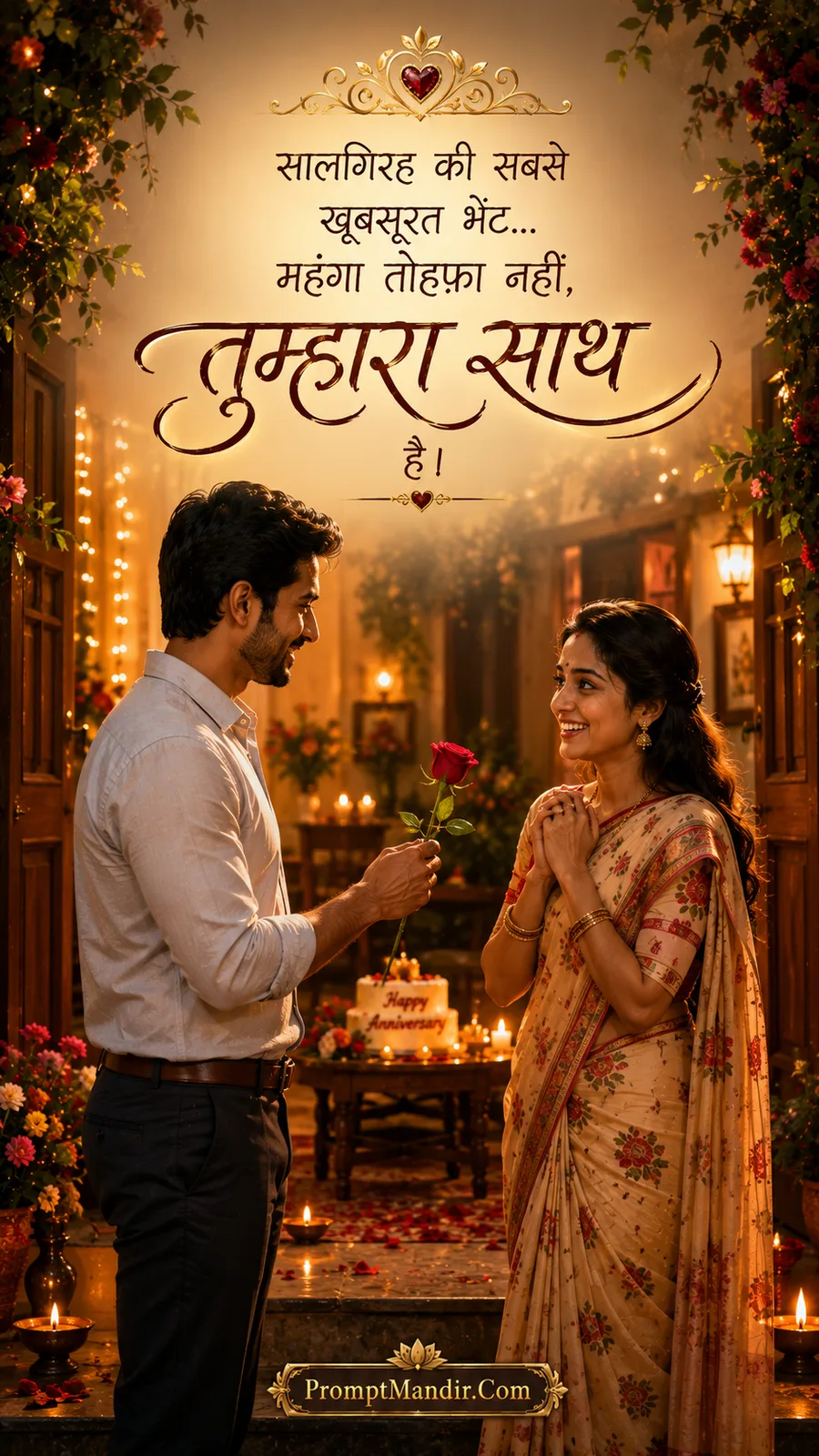 Romantic scene of a husband presenting a red rose to his wife on their anniversary, with a cake and fairy lights in the background