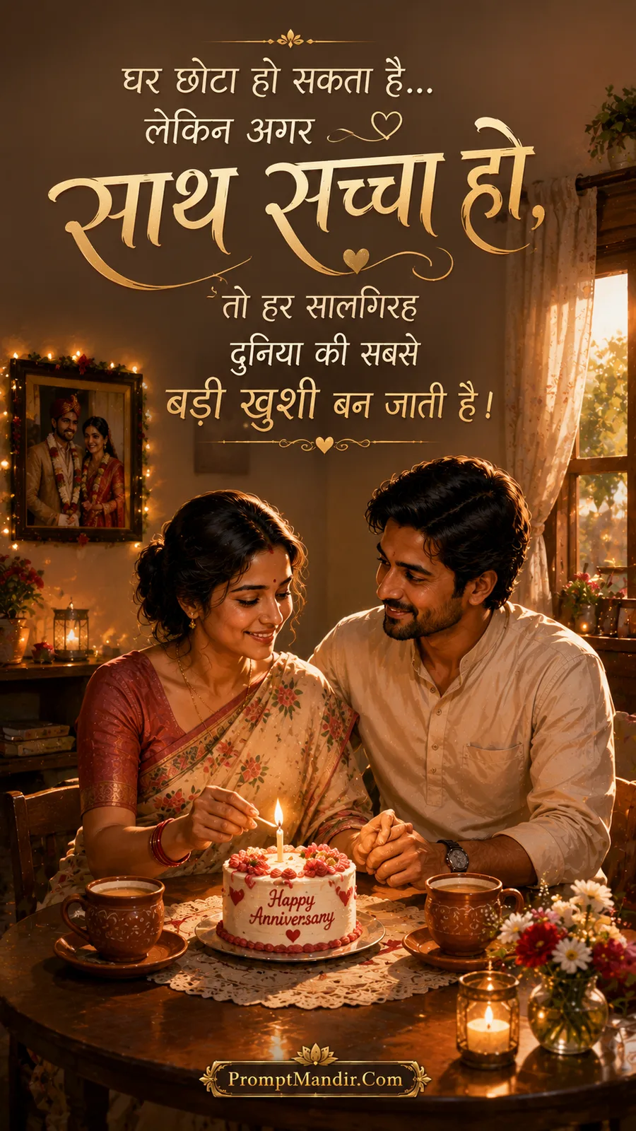 Intimate scene of a couple sitting together in a cozy living room, cutting a small anniversary cake by candlelight