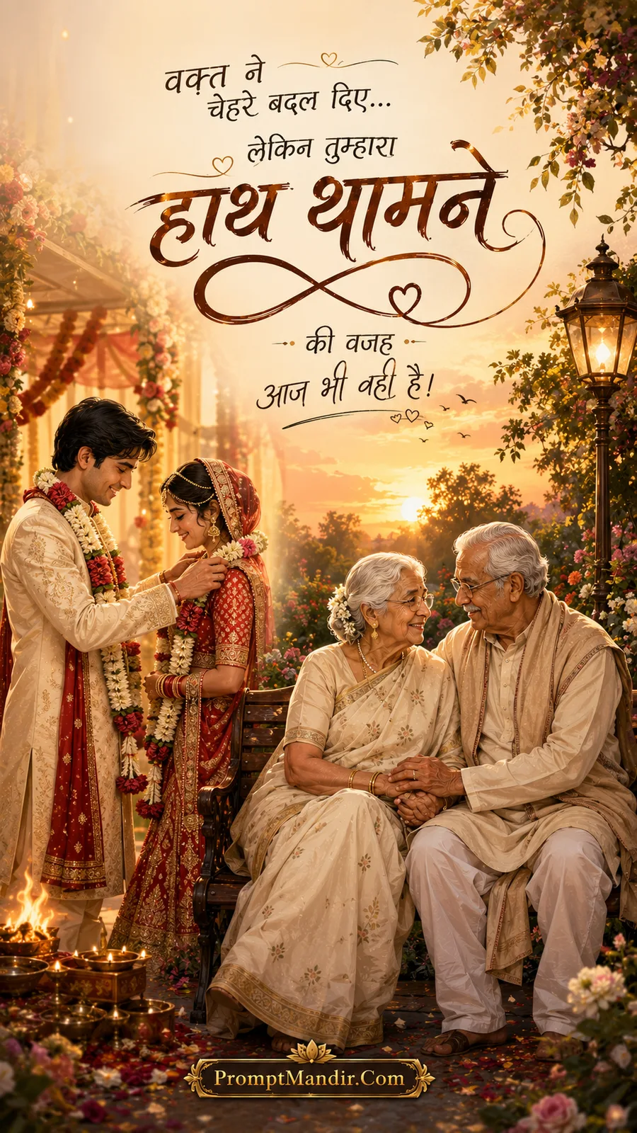 Emotional scene of a young couple getting married in the background, while an elderly couple sits in the foreground holding hands and smiling