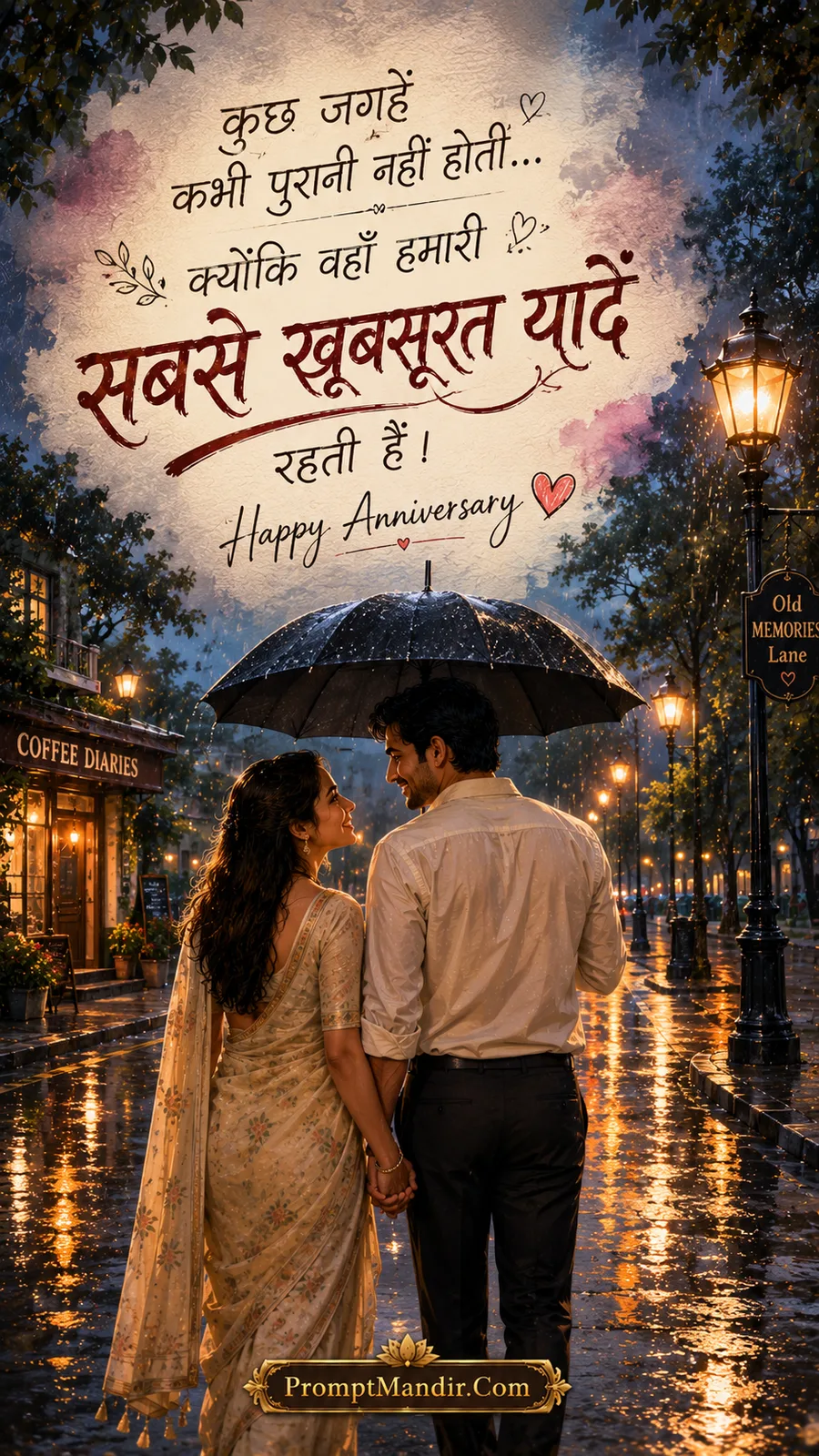 Romantic scene of a couple walking hand-in-hand under an umbrella in the rain, looking at each other with love