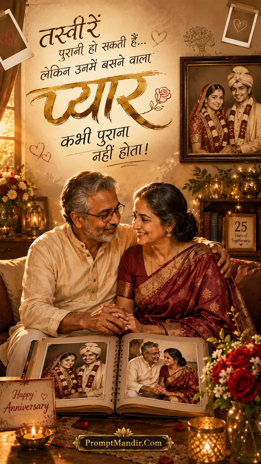Heartwarming scene of an elderly couple looking at their old wedding photo album while holding hands, celebrating 25 years of togetherness