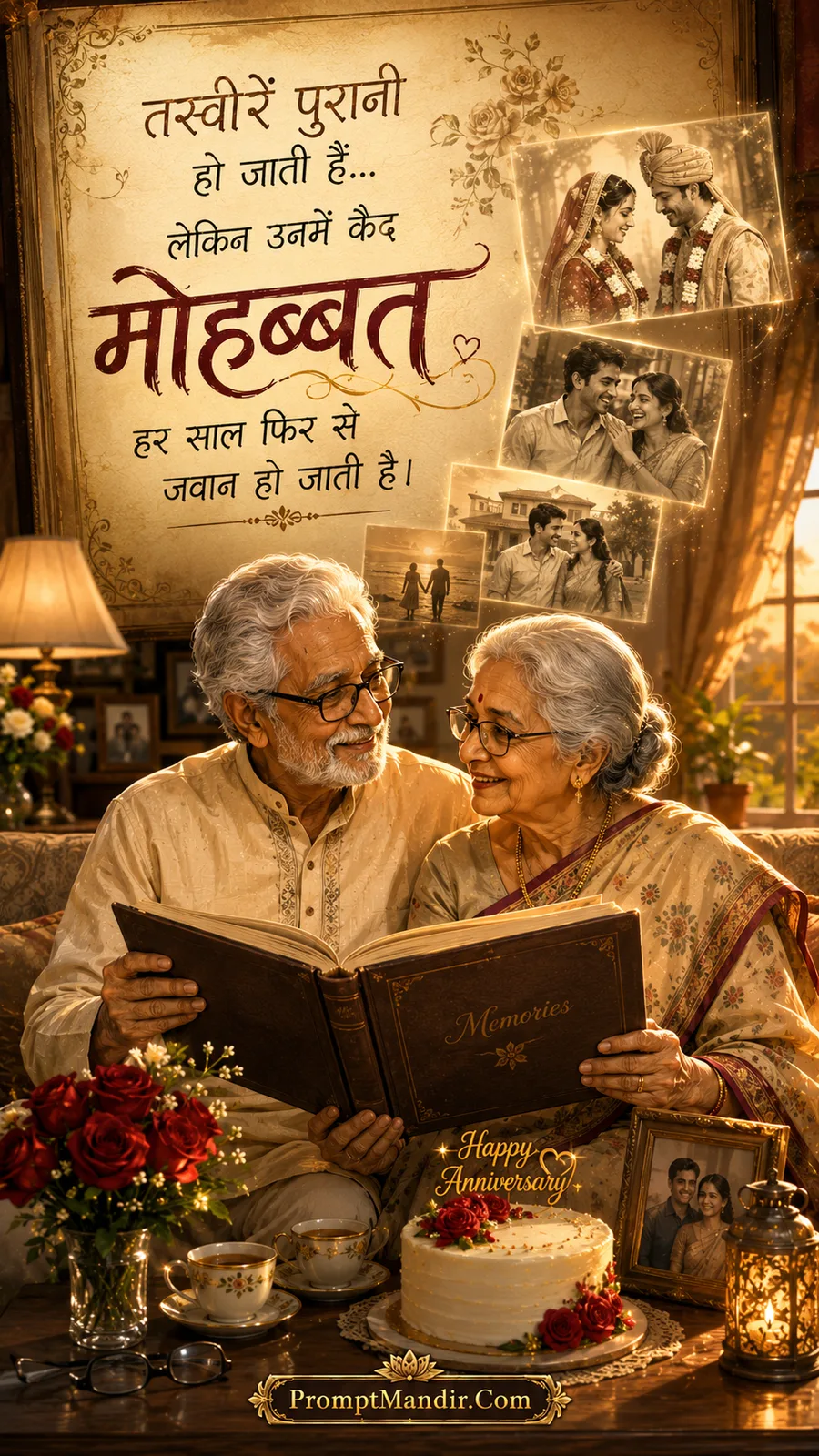 Emotional scene of an elderly couple looking at a photo album with floating images of their life together, from youth to old age